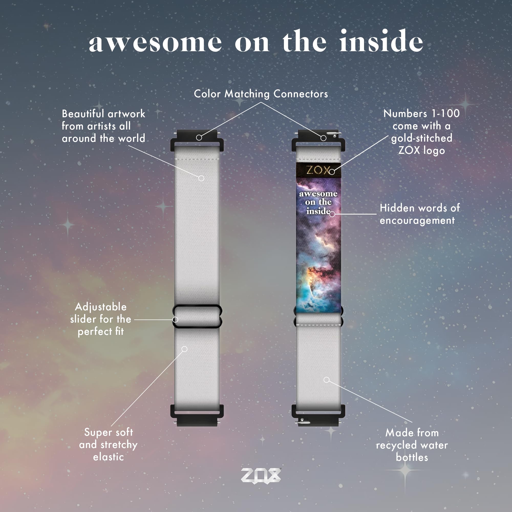 Zox Android Smart Watch Band - Satellite Grey | Soft, Adjustable Elastic Band With Motivational Affirmations And Beautiful Artwo