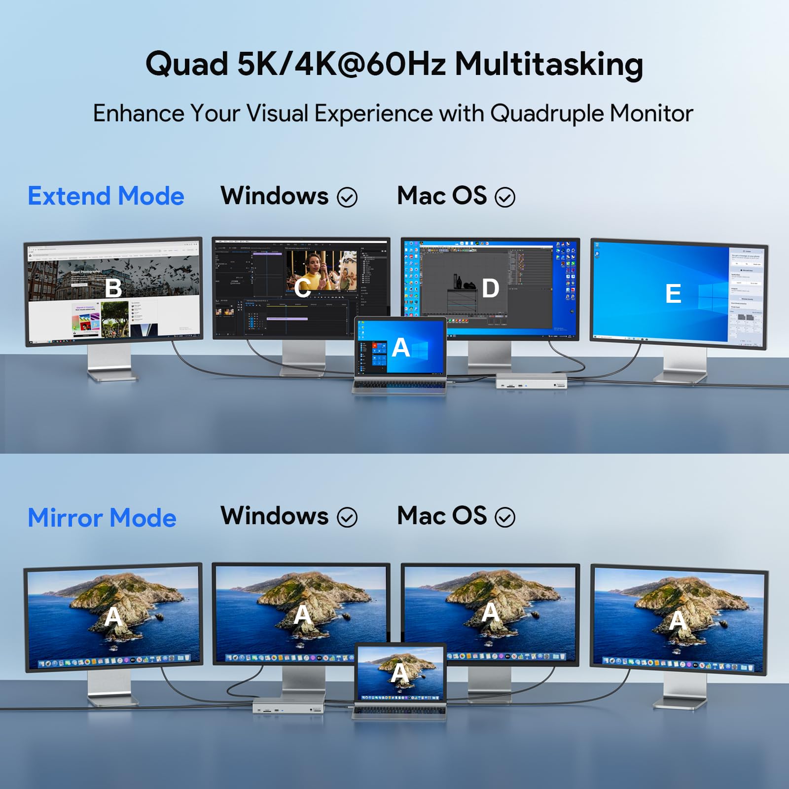 Wavlink Displaylink Laptop Docking Station   Quad Monitor 5K/4K @60Hz, 100W Charging   Thunderbolt 4/3, Usb C/A   M1 M2 Mac/Windows/Chrome/Ubuntu   4 Hdmi, 4 Dp, 180W Power, Sd 4.0 Cr, 2.5Gbps Lan