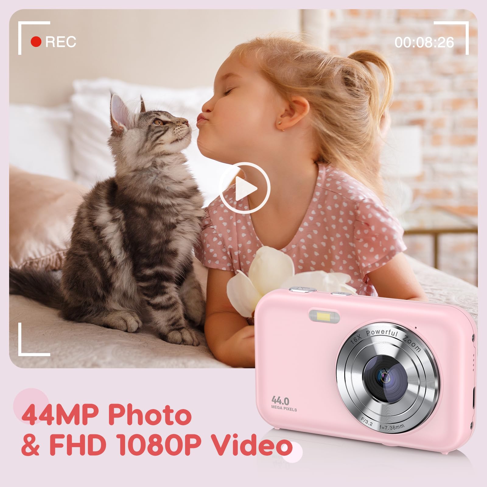 Digital Camera, Fhd 1080P Kids Camera 44Mp Point And Shoot Camera 16X Zoom Compact Small Photography Camera For Kids With 32G Ca