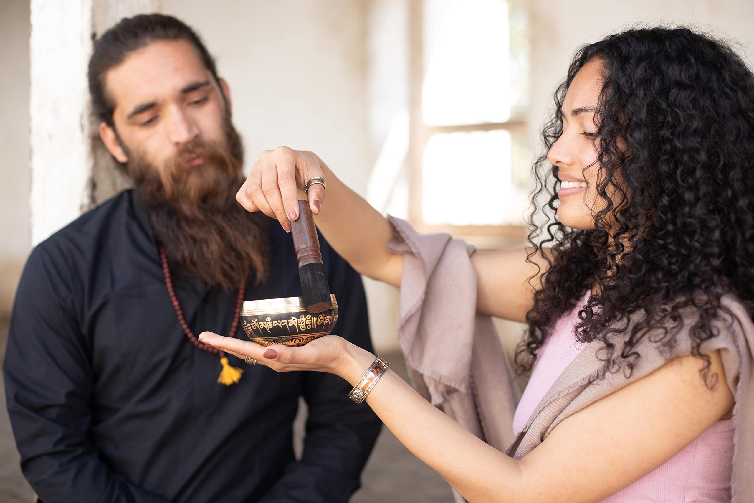 Tibetan Singing Bowl Set Bronze   Master Healing Grade   With Tibetan Thangka Art   Pure Tone By Himalayan Bazaar (Black & Yello