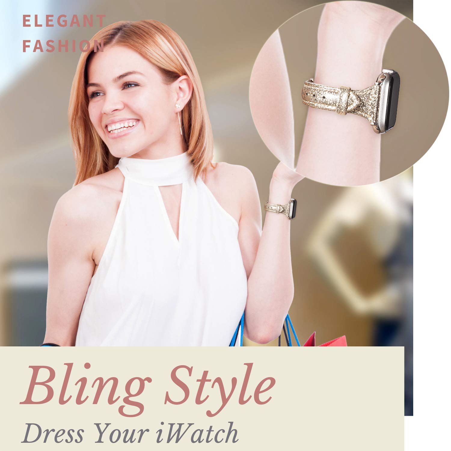 Wearlizer Gold Thin Glitter Leather Compatible With Apple Watch Bands 38Mm 40Mm 41Mm Womens For Iwatch Se Series 8 7 6 5 4 3 2 1