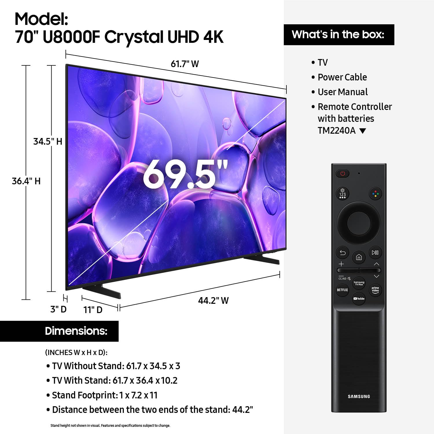 Samsung 70-Inch Class Crystal Uhd U8000F 4K Smart Tv (2025 Model) Endless Free Content, Crystal Processor 4K, Metalstream Design