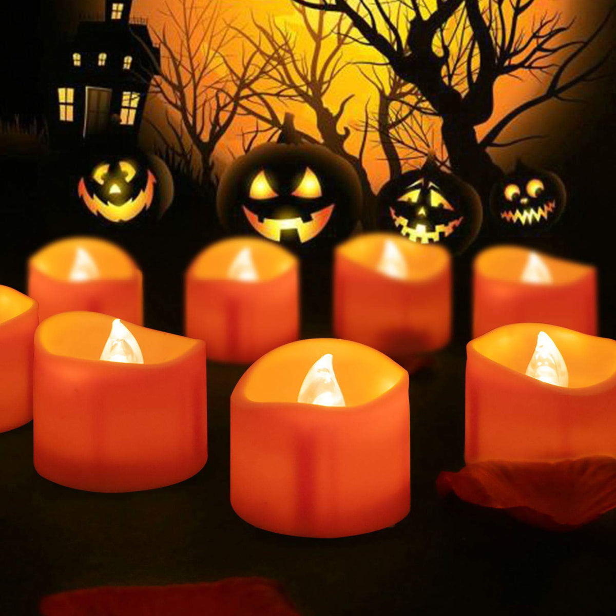 Beichi 24 Pack Halloween Tea Lights, Realistic Orange Tea Candles, Battery Operated Flameless Tealights For Halloween, Fall Deco