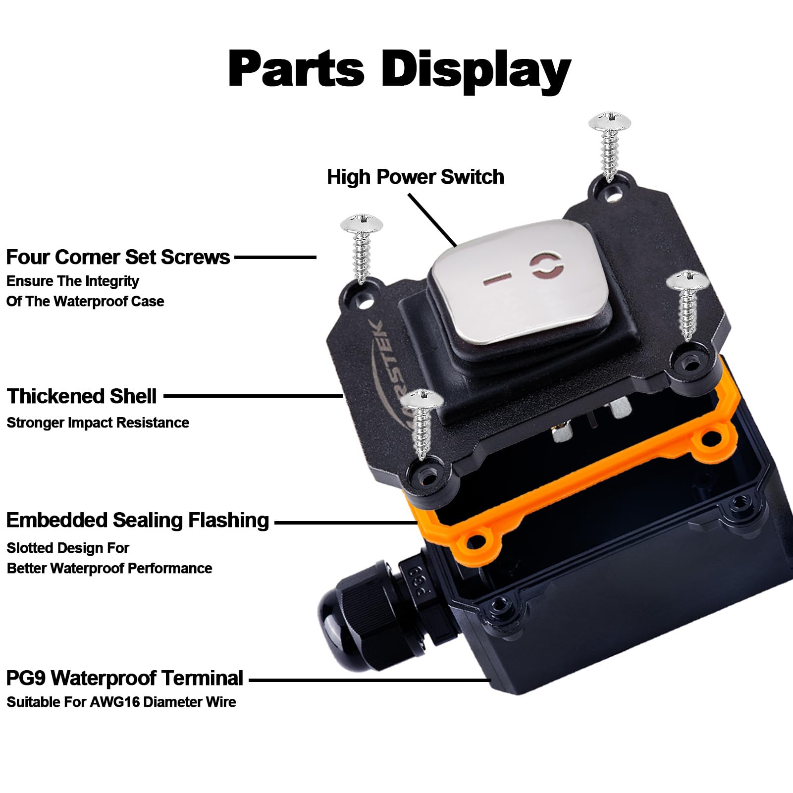 Marstek Heavy Duty Waterproof Extension Cord With On/Off Switch,Inline Cord Switch With 10 Ft 16Awg Cable Piggyback Plug(3 Prong