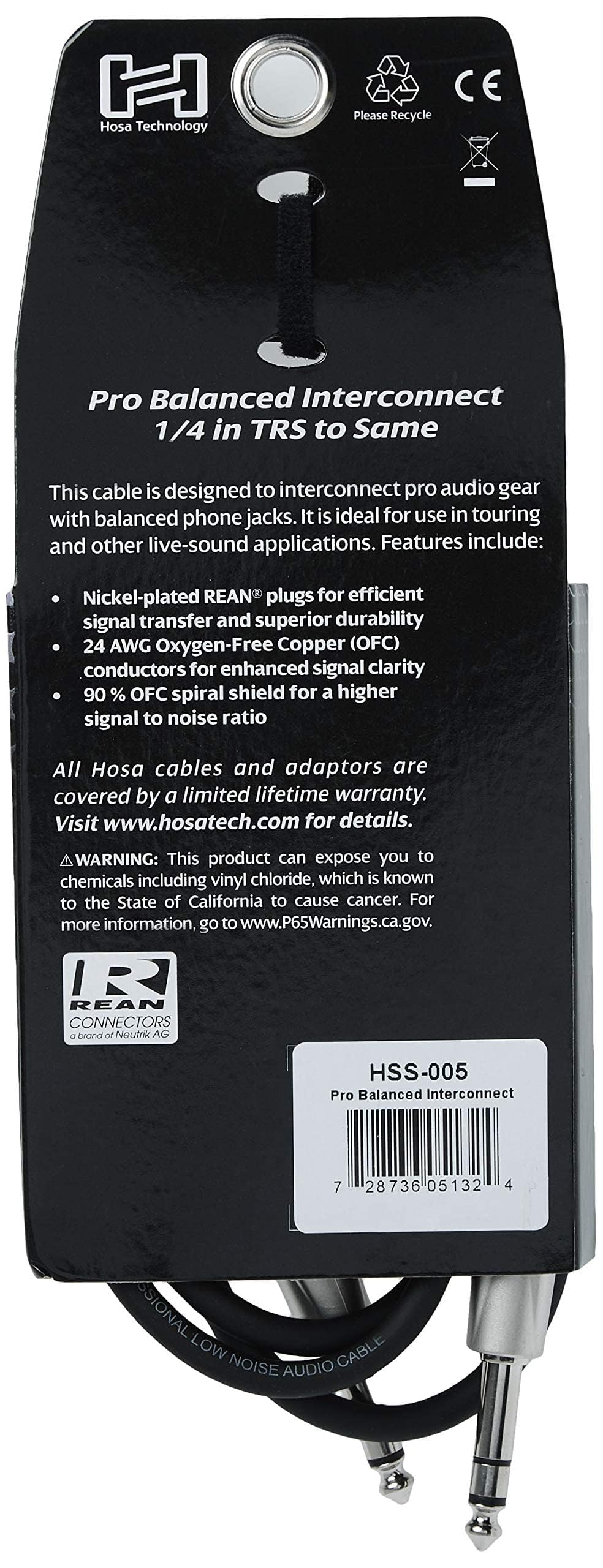Hosa Hss-005 Rean 1/4 Trs To Rean 1/4 Trs Pro Balanced Interconnect, 5 Feet