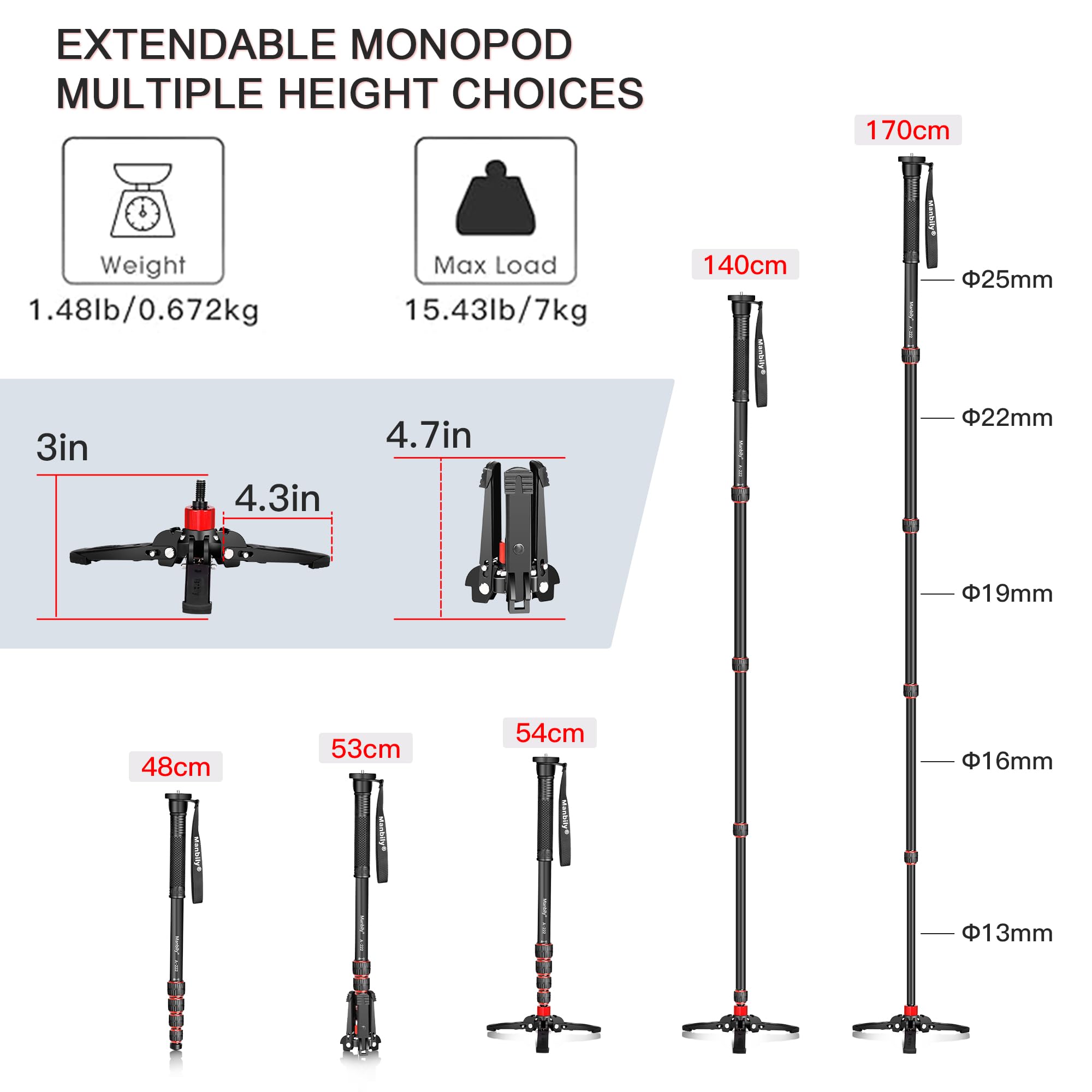Manbily Extendable Camera Aluminum Monopod With Feet,Portable Travel Monopod With Removable Tripod Stand Base For Dslr Canon Nikon Sony Video Camcorder,5 Sections Up To 67 In,Max Load 15.5 Lbs(A 222)