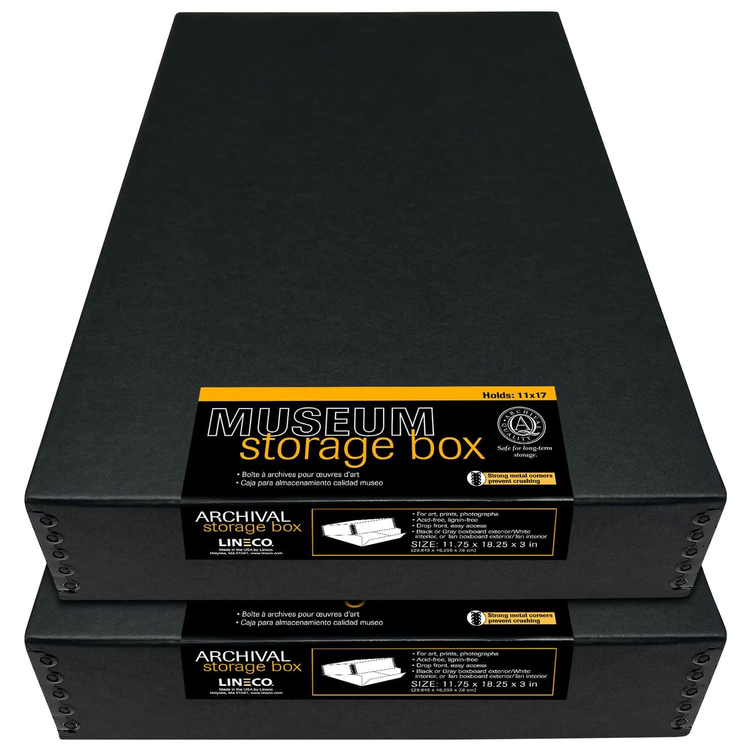 Lineco, 11X17 Black Museum Archival Storage Box, Drop Front Design. Acid Free With Metal Edge. Preserves Picture Longevity, Organize Photos, Documents, Crafts, Diy, Pack Of 2