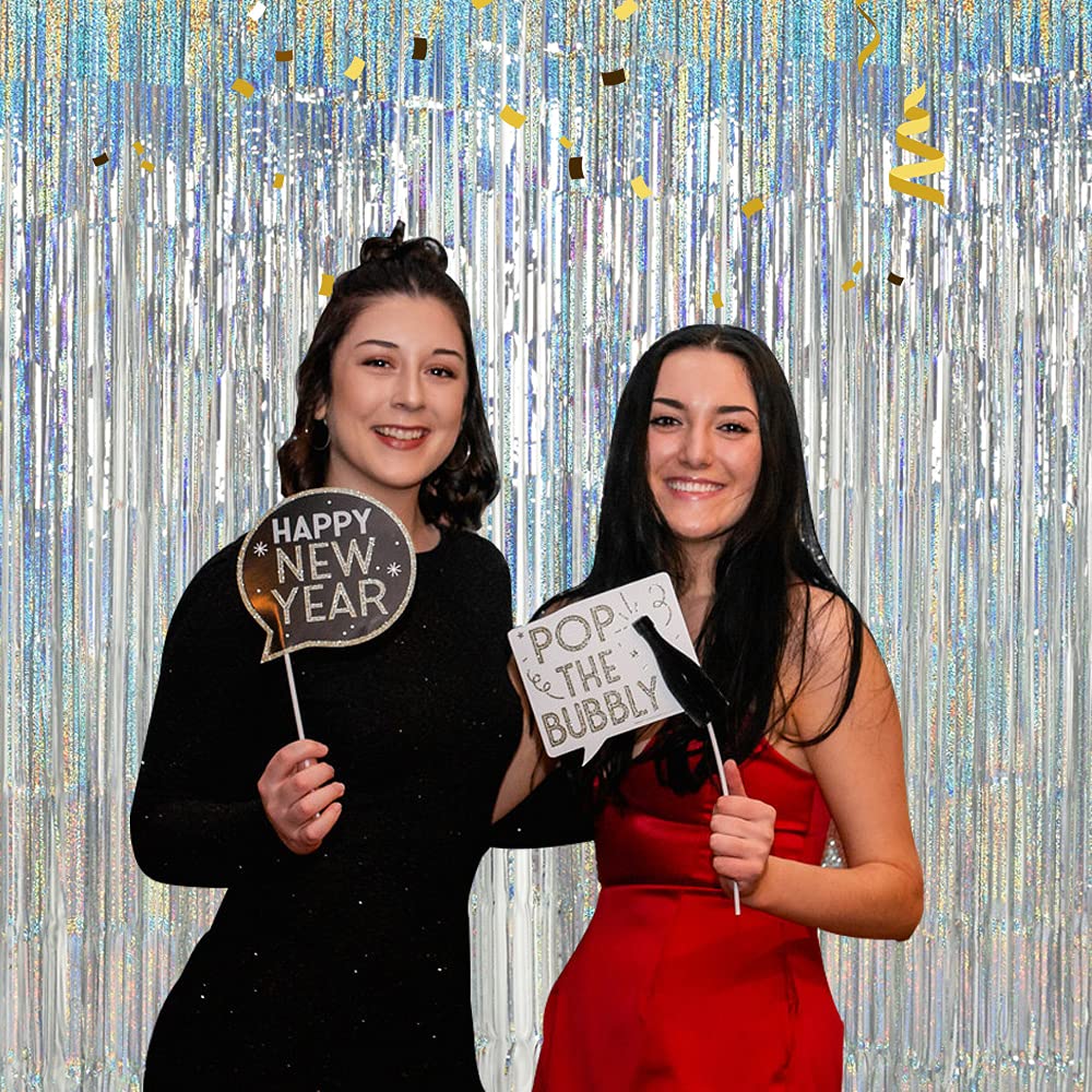 Toniful 3Pcs Laser Silver Door Streamers,Laser Silver Photo Booth Backdrop Metallic Streamers Laser Silver Foil Fringe Curtains