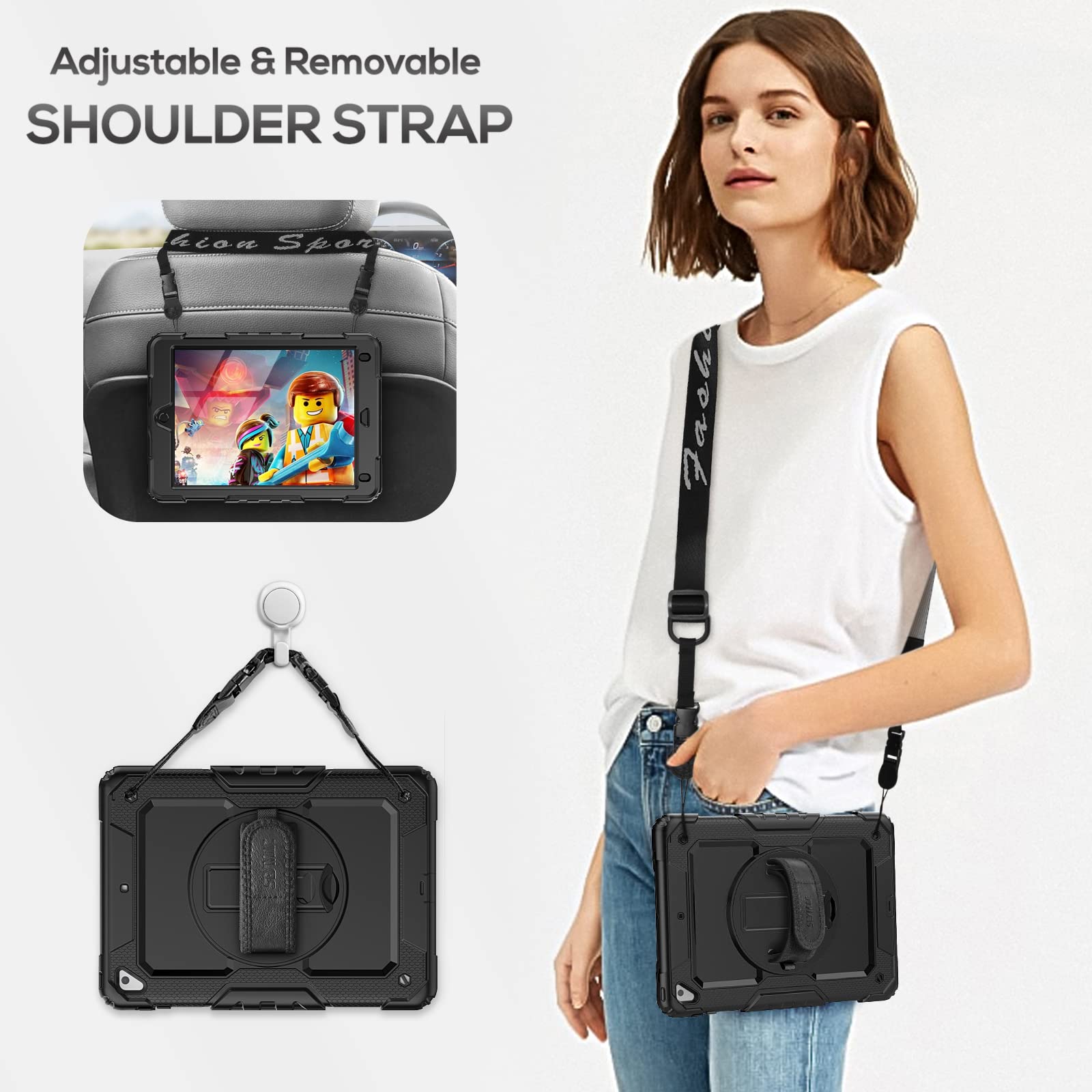 Seymac Case For Ipad 6Th/5Th Generation Case 9.7 Inch, Full Body Shockproof Heavy Duty Protective Case With Screen Protector, Rotating Stand/Hand/Shoulder Strap For Ipad Air 2/ Pro 9.7, Black