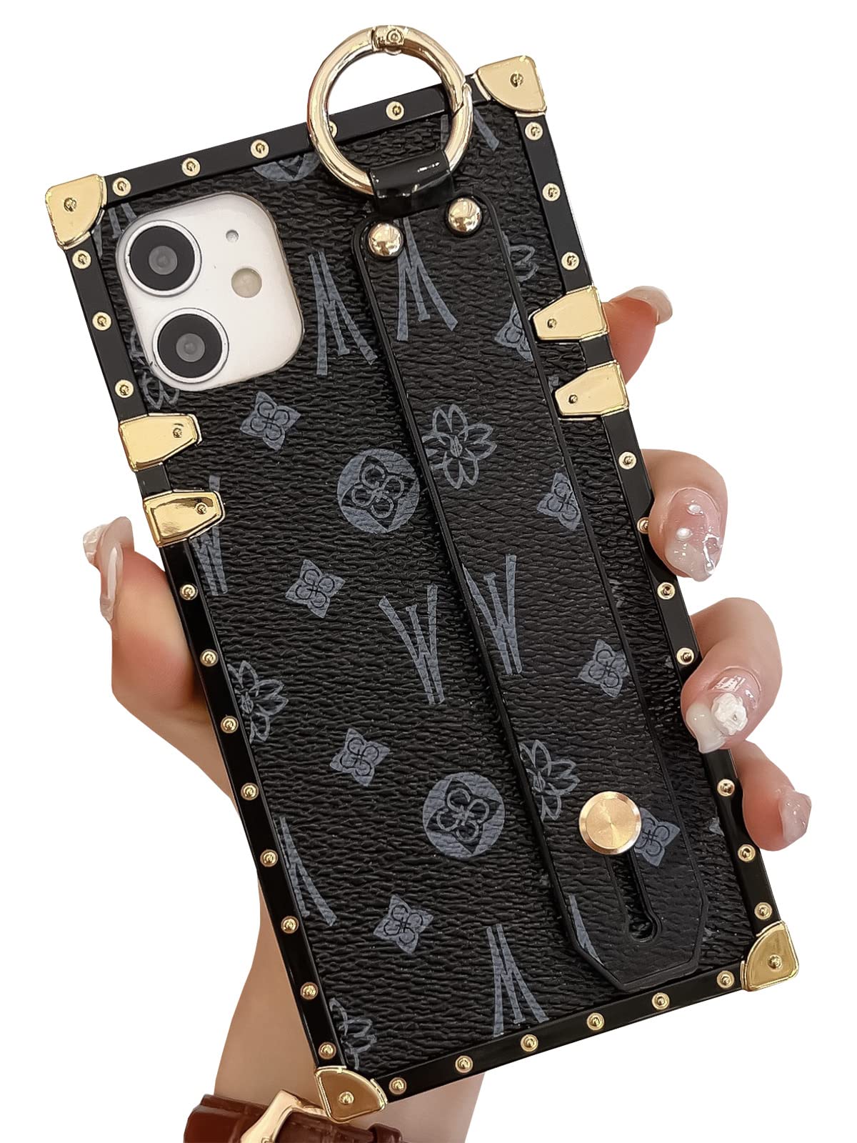 Trodino Square Leather Iphone 11 Case With Wristband Strap, Luxury Designer Case For Women Girls, Holder Ring Kickstand Raised R