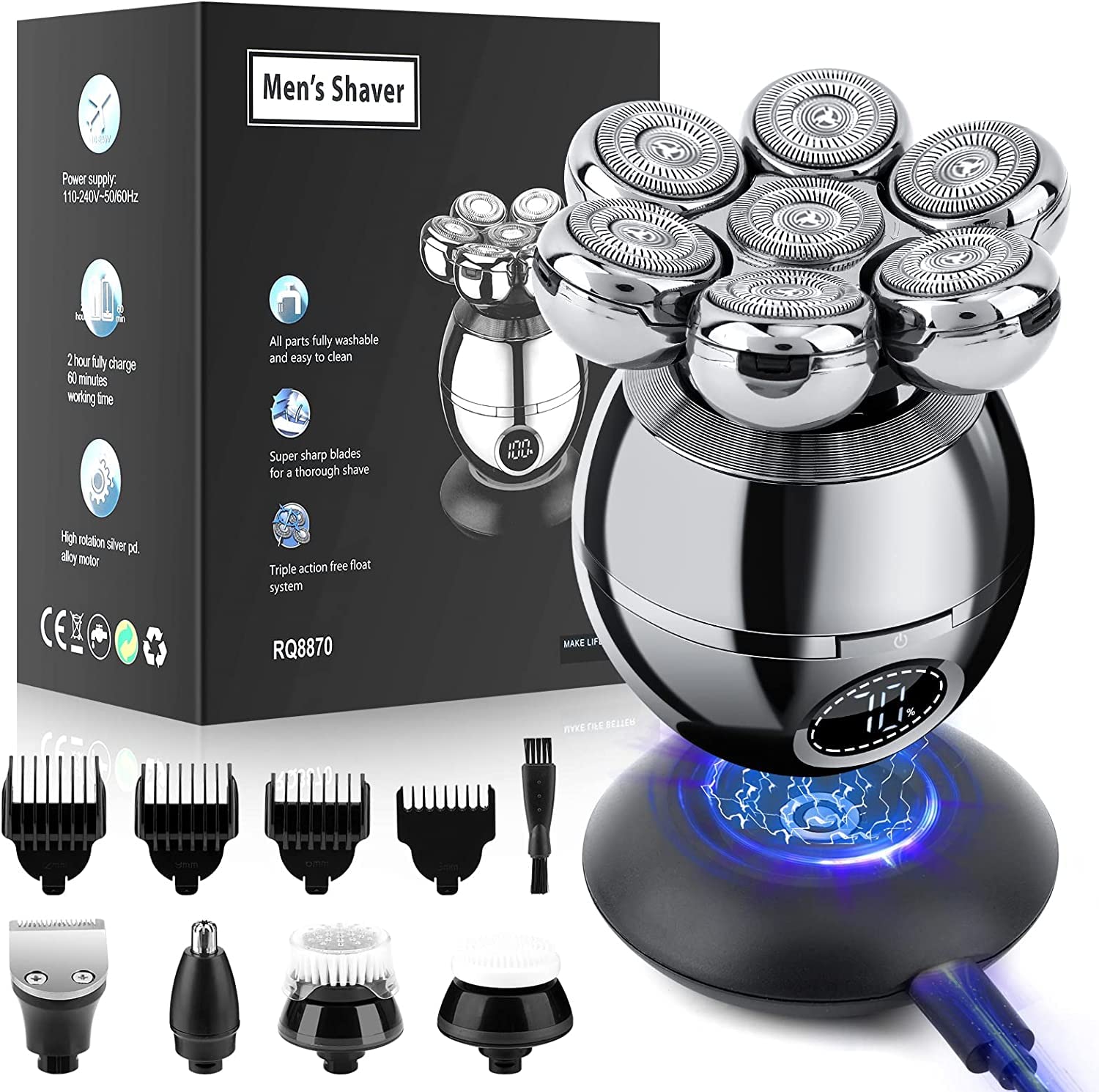 Head Shavers For Bald Men, Wjiang 6 In 1 Electric Razor Mens Shaver Wet Dry Cordless Electric Skull Shavers 7D Floating Recharge