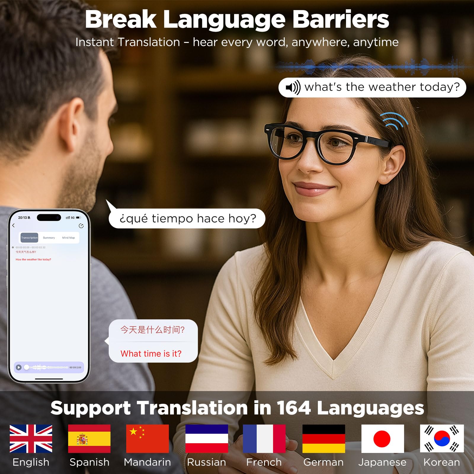 Anpress Smart Glasses Men Women Ai Bluetooth Glasses With 164 Languages & Accents Real Time Translation, Ai Translator Glasses W