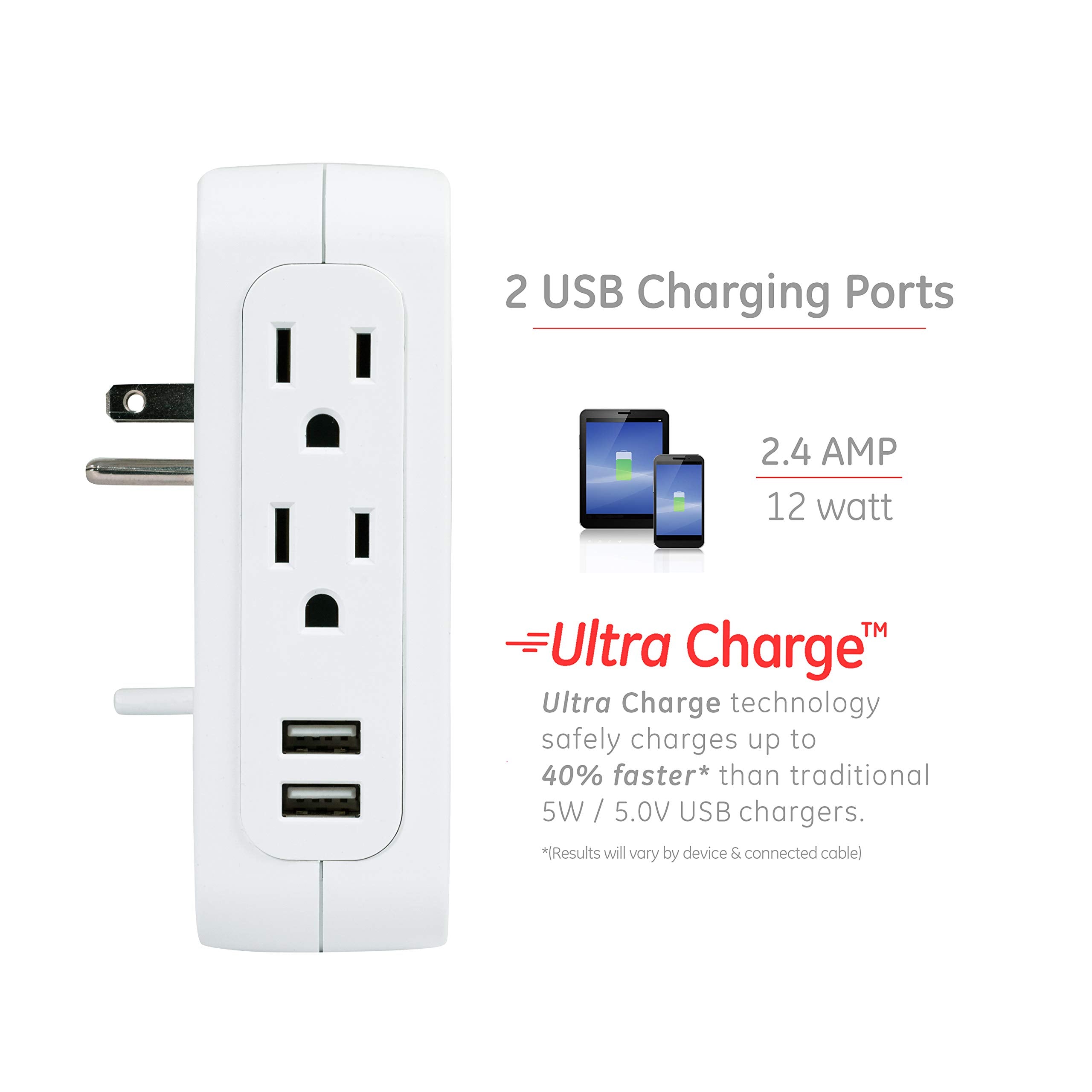 Ge Pro Side Access Swivel Surge Protector, 2 Pack, 5 Outlet Extender With 2 Usb Ports, Wall Tap Adapter, Charging Station, 3 Pro