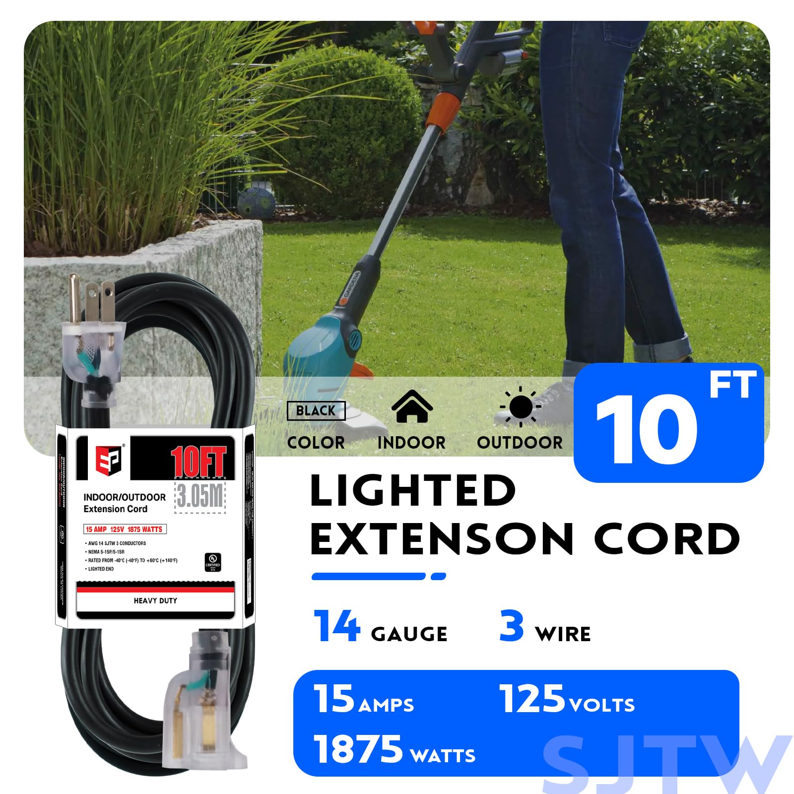 Ep 10Ft 14/3 Lighted Outdoor Extension Cord   14 Gauge 3 Prong Sjtw Heavy Duty Black Extension Cable With 3 Prong Grounded Plug