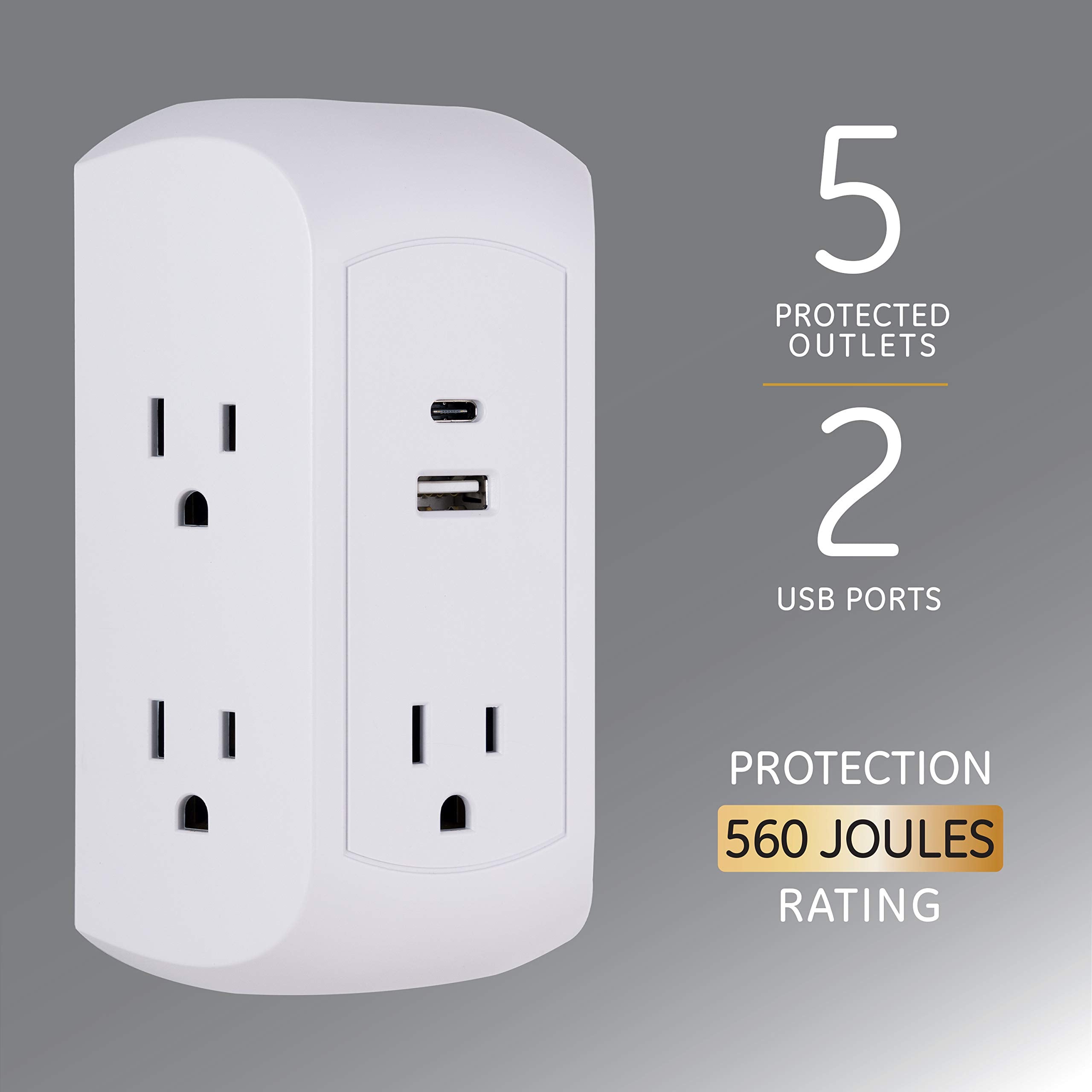 Ge Ultrapro 5 Outlet Extender With Usb And Usb C Port, Surge Protector, Spaced Wall Tap, Side Access, Charging Station, For Ipho