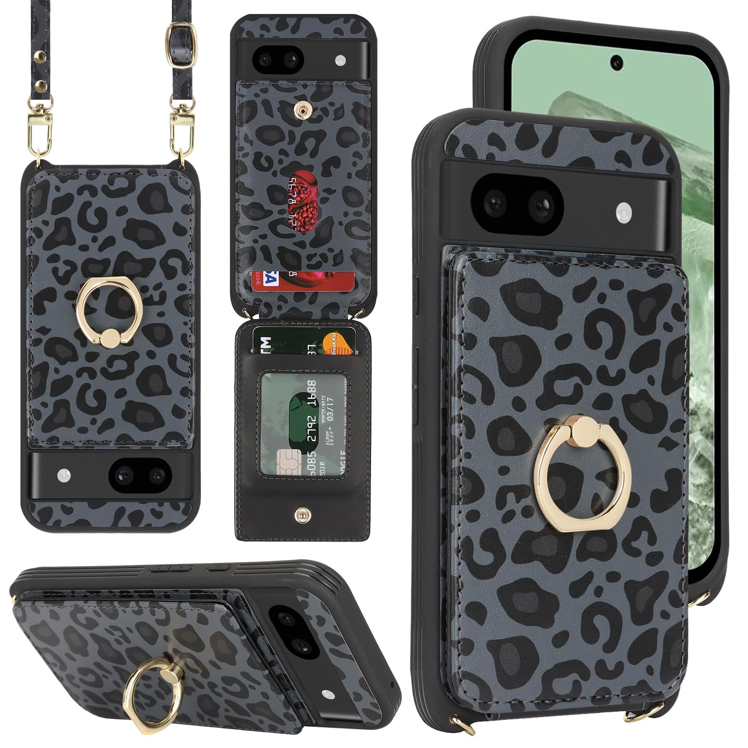 Lipvina For Google Pixel 8A Case With Card Holder And Strap For Women,Crossbody Lanyard,Ring Stand,Snap Clasp,Cute Phone Wallet