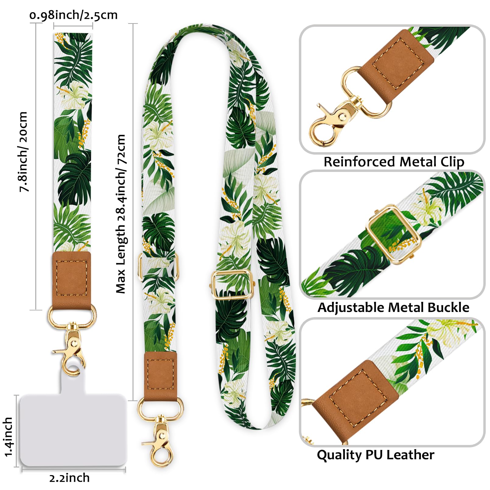 Yonlevres Cell Phone Lanyard Crossbody With Wrist Strap, Green Leaf Phone Lanyards For Around The Neck Wristlet Adjustable Phone