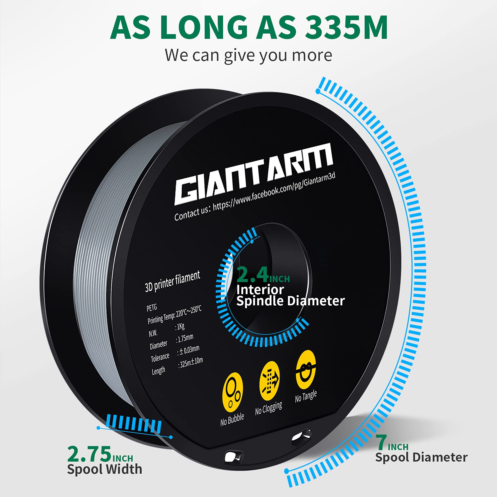 Giantarm Grey Petg 3D Printer Filament Toughness Enhanced 1Kg (2.2Lbs), 1.75Mm Dimensional Accuracy +/ 0.03Mm, 1080 Feet(330M)/R