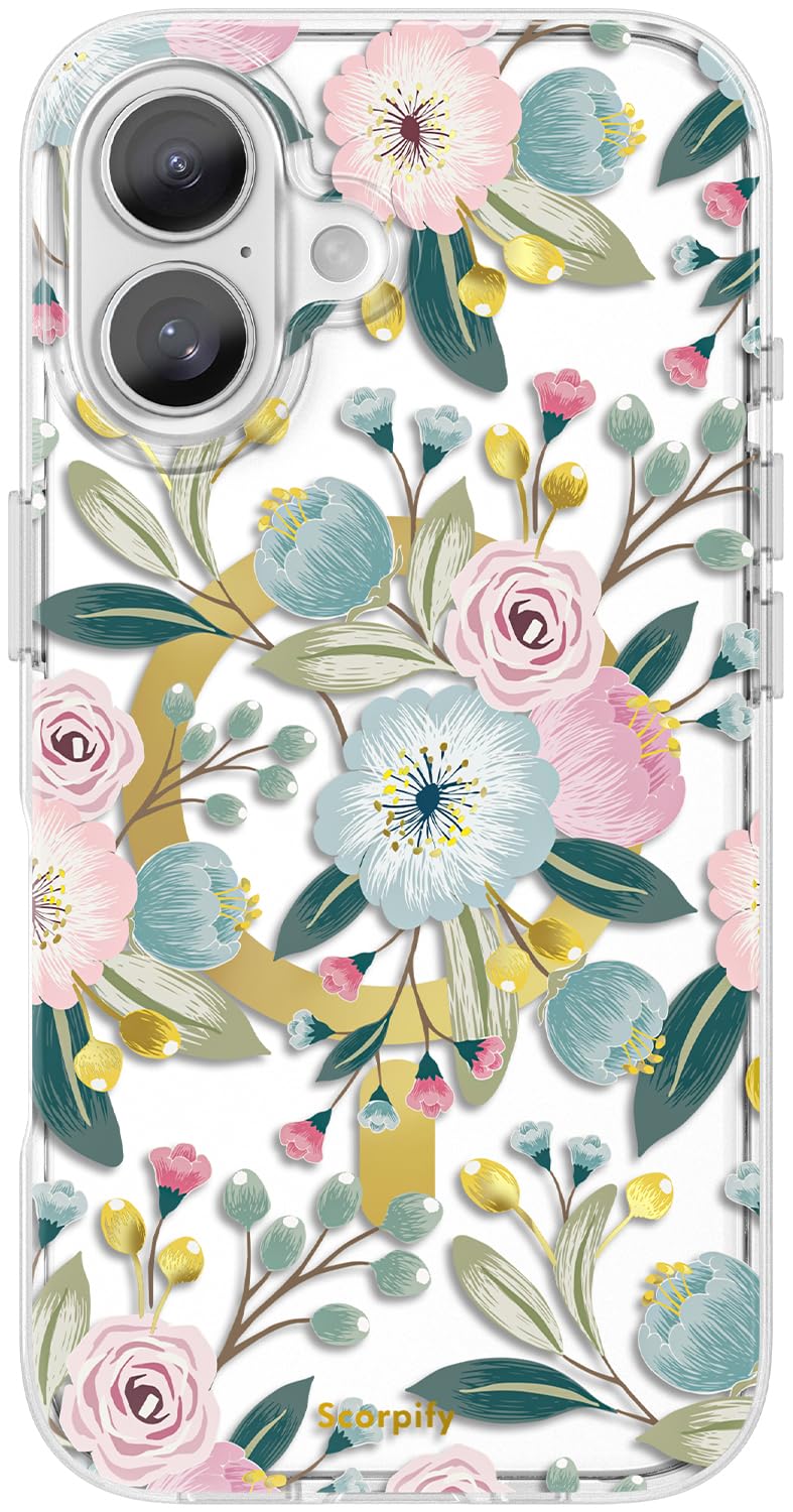 Scorpify For Iphone 16 Case [Compatible With Magsafe] With Hibiscus Floral Design, Cute Clear Flower Magnetic Phone Cover For Wo