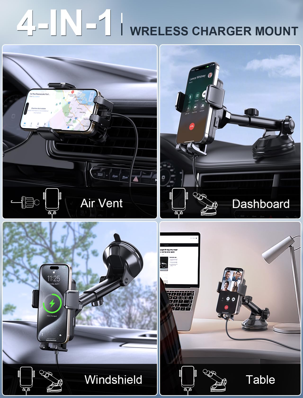 Wireless Car Charger, Mokpr 15W Fast Charging Auto Clamping Dashboard Windshield Air Vent Car Phone Holder Car Charger For Iphon