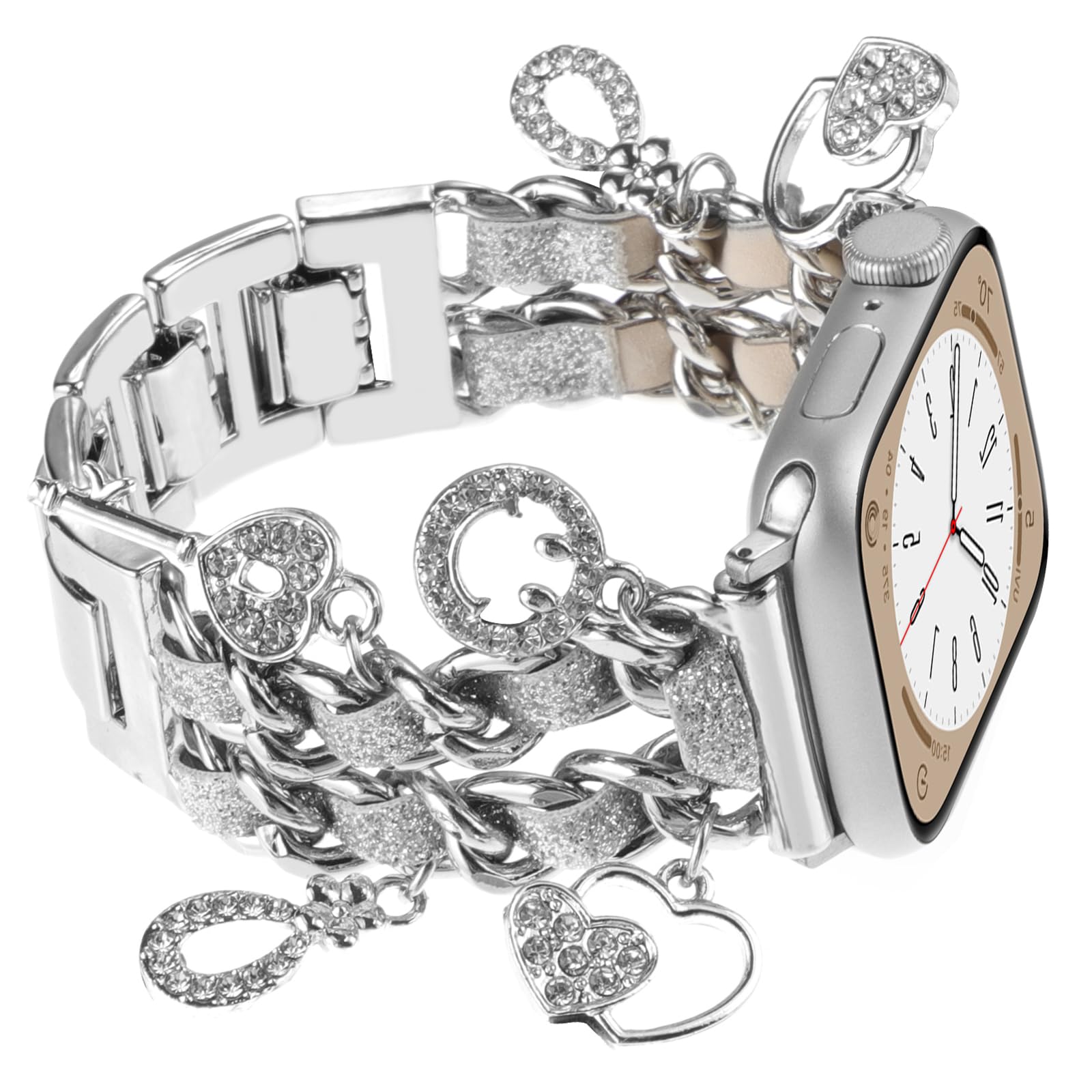 Realsign Stylish Metal Wristband Compatible With Apple Watch Band 42 44 45 46 49Mm,Cuban Chain Bracelet Key Love Smile Pendants