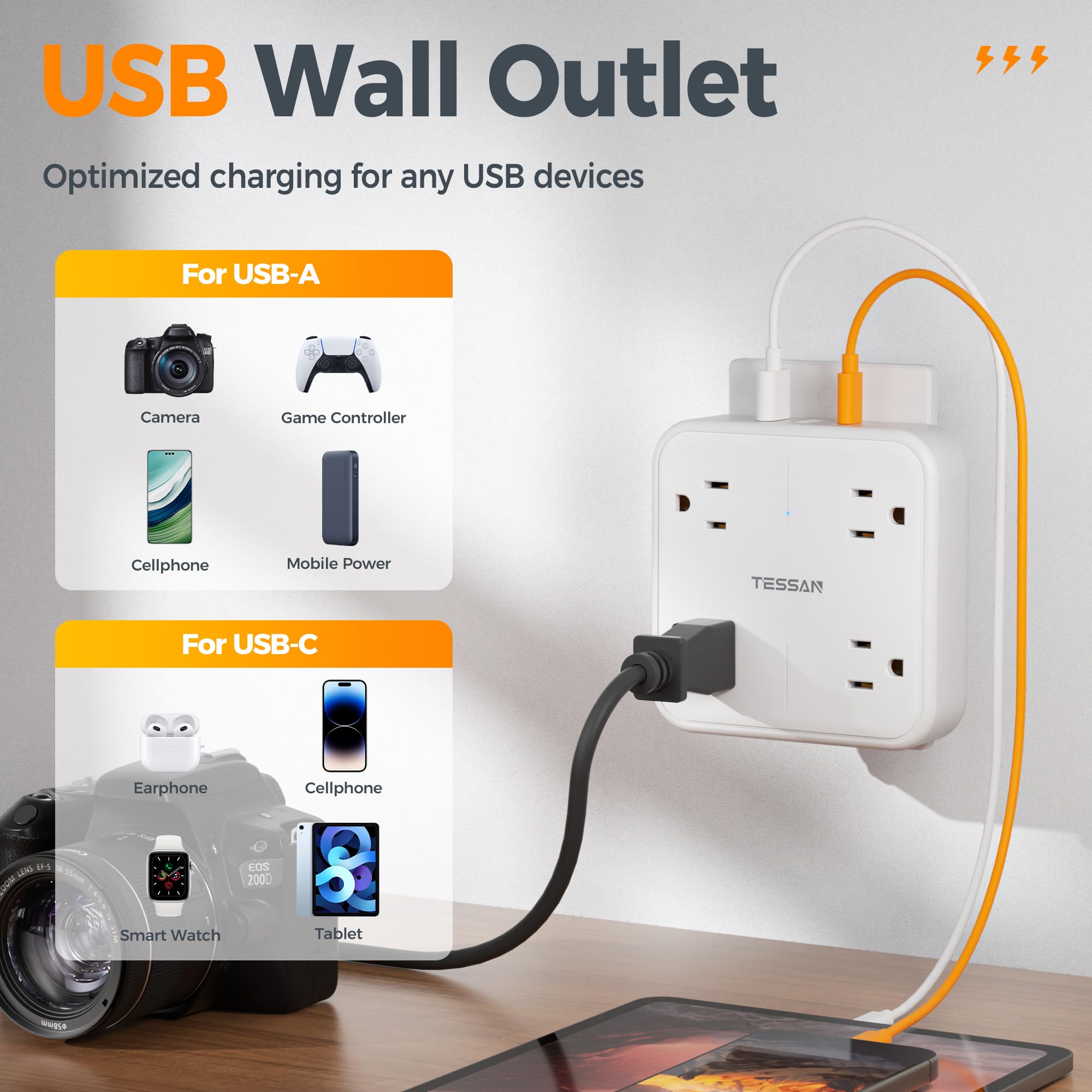 Surge Protector Outlet Extender, Tessan Multi Plug Wall Outlet Splitter With 4 Outlets And 3 Usb (1 Usb C), Multiple Plug Expand