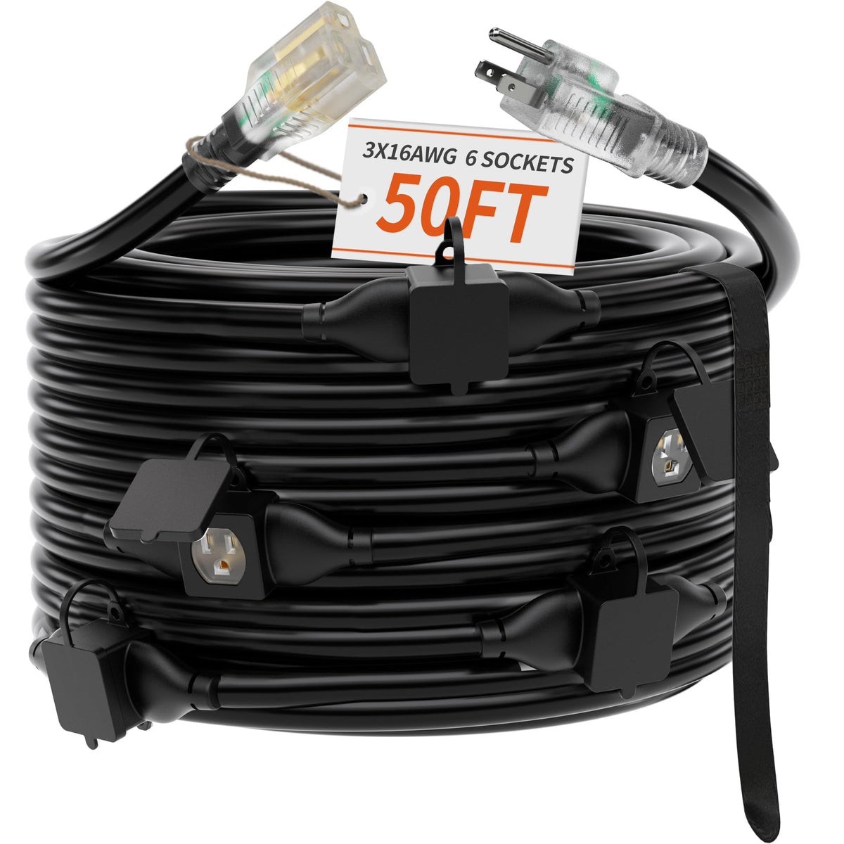 Plugsaf 50 Ft Outdoor Extension Cord With Multiple Outlets, 16/3 Gauge Heavy Duty Extension Cord Evenly Spaced 6 Outlets Plugs B