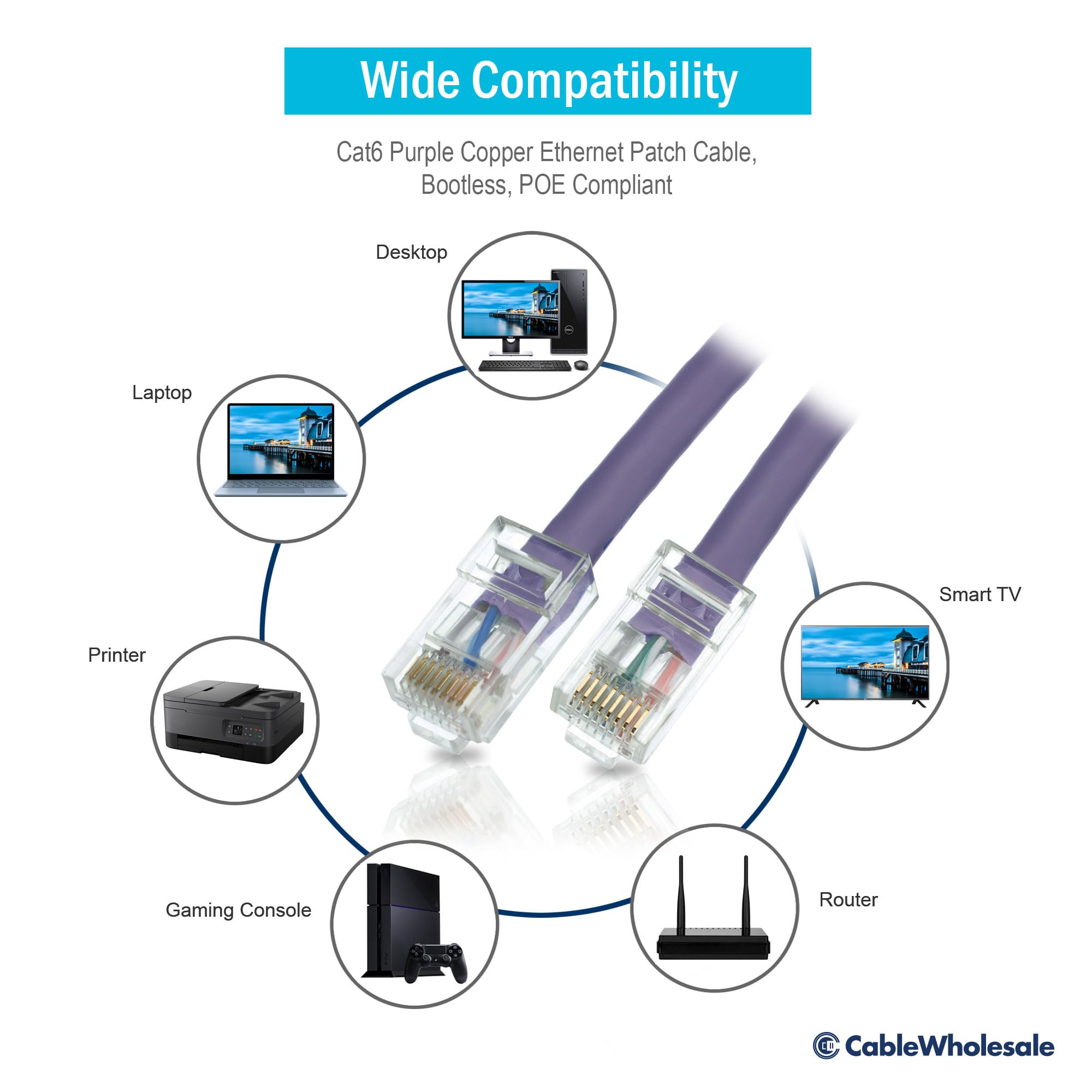 Cablewholesale 5 Foot Cat6 Purple Ethernet Patch Cable, Bootless, 24Awg Network Cable With Rj45 Gold Plated Connector, 4 Pair St