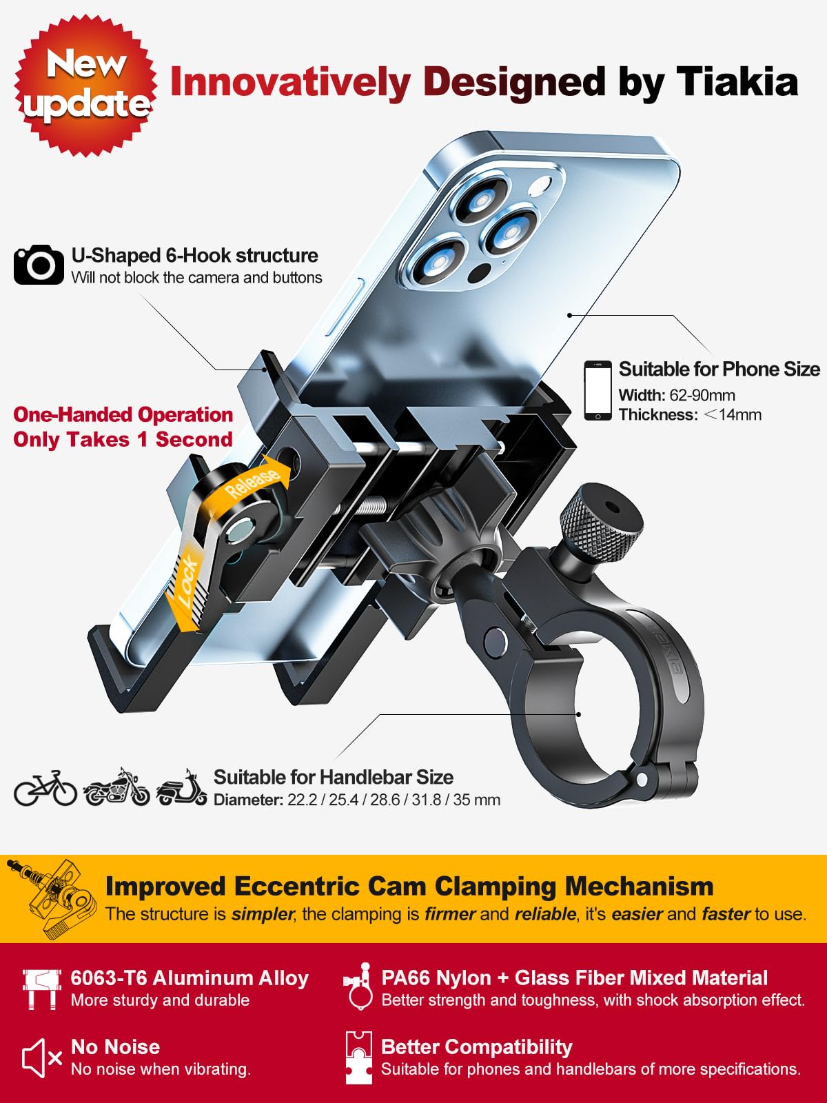 Tiakia 2022 Bike Phone Mount Holder, Aluminum Motorcycle Phone Mount , Handlebar Mounted Cell Phone Holder For Bike, 360