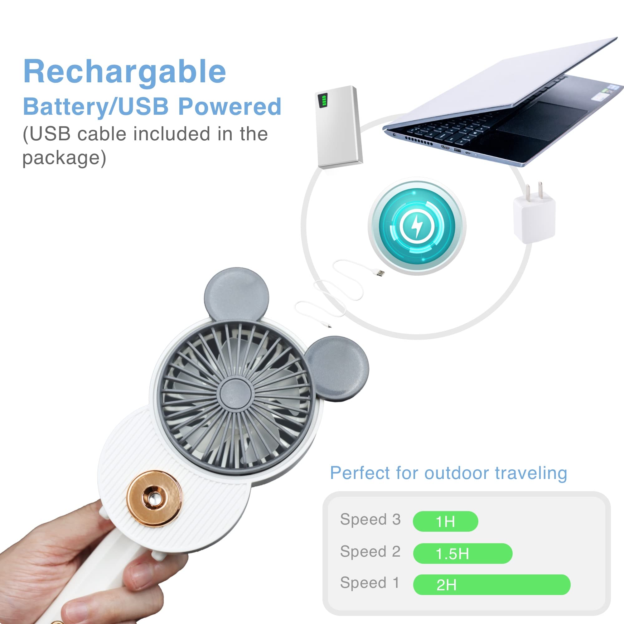 Lacovia Cute Mickey Misting Mini Fan, Handheld Portable Usb Rechargeable Fan With 3 Adjustable Speeds, Foldable Personal Fan For