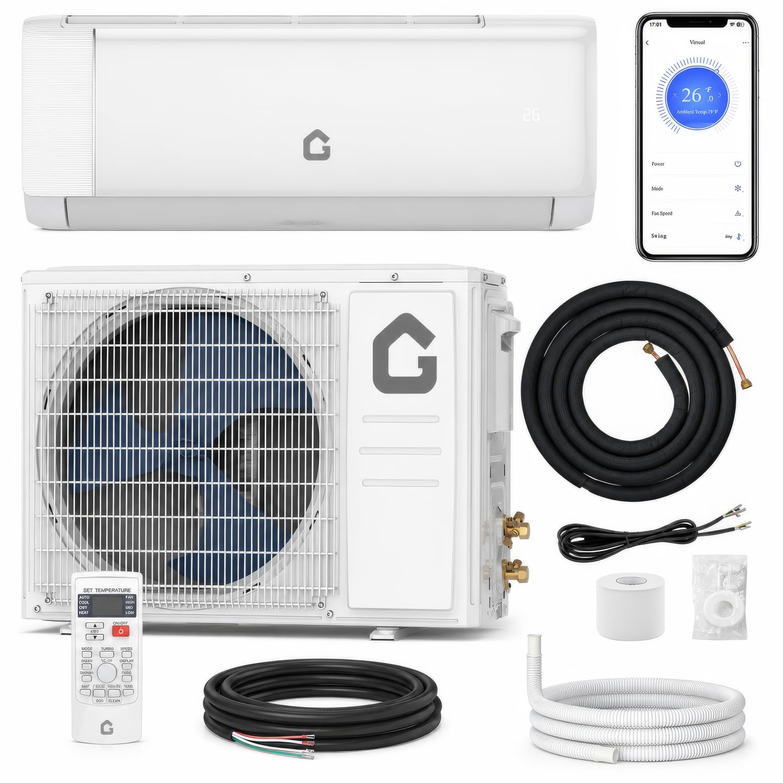 GarveeTech 12000 BTU Mini Split AC/Heating System, 1 Ton Ductless Mini Split Air Conditioner & Heater, 21 SEER2 115V, Wi-Fi Enab