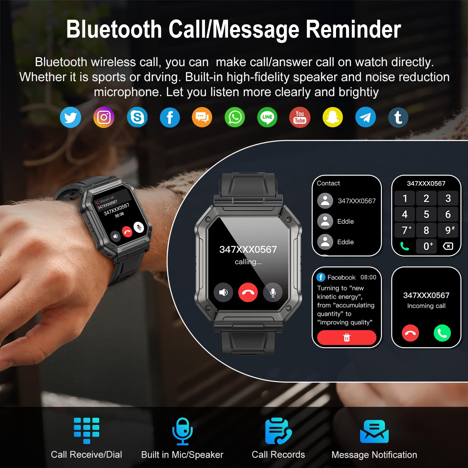 Smart Watch For Men Fitness Tracker: (Make/Answer Call) Bluetooth Military Smartwatch For Android Phones Iphone Waterproof Outdo