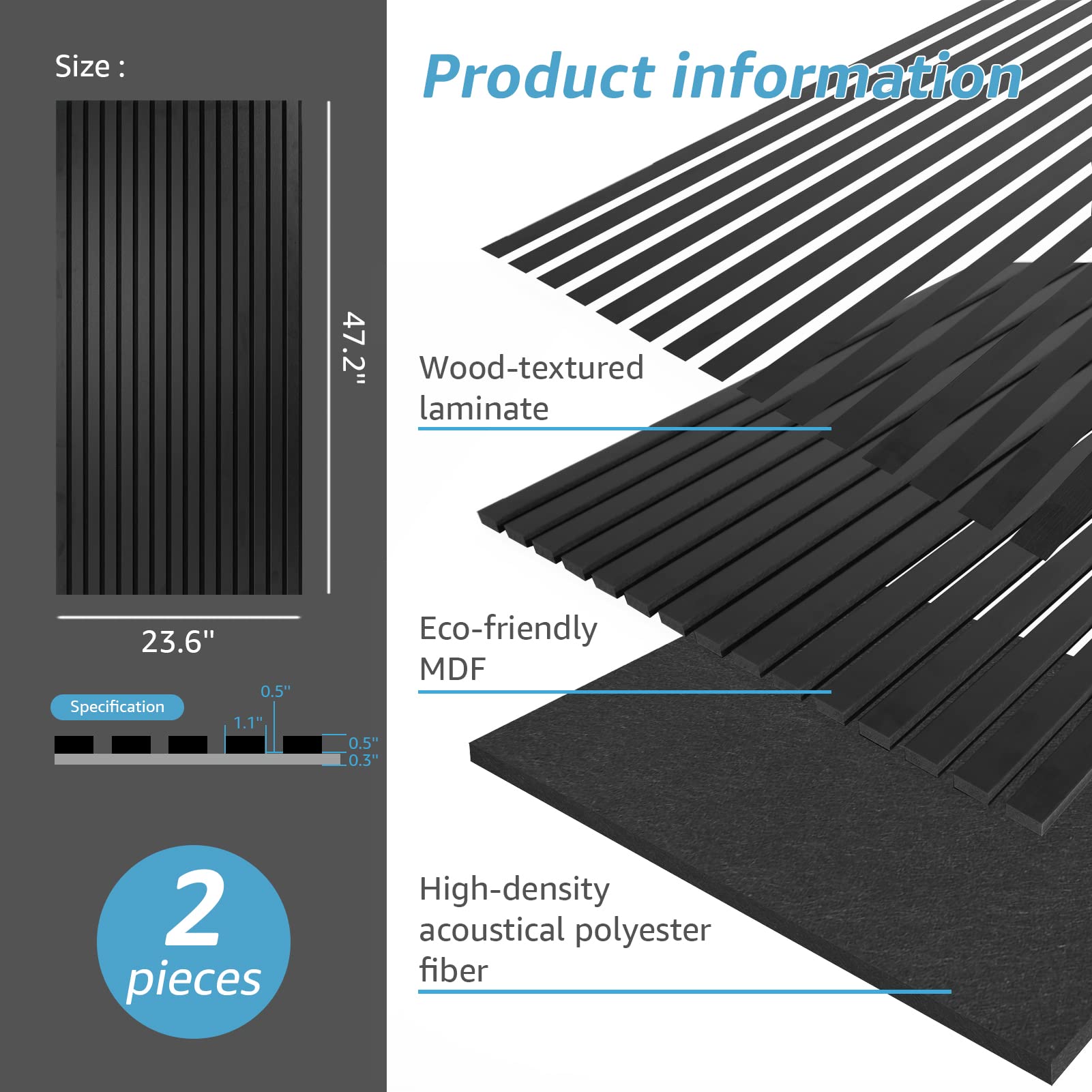 Art3D 2 Wood Slat Acoustic Panels For Wall And Ceiling   3D Fluted Sound Absorbing Panel With Wood Finish   Matte Black