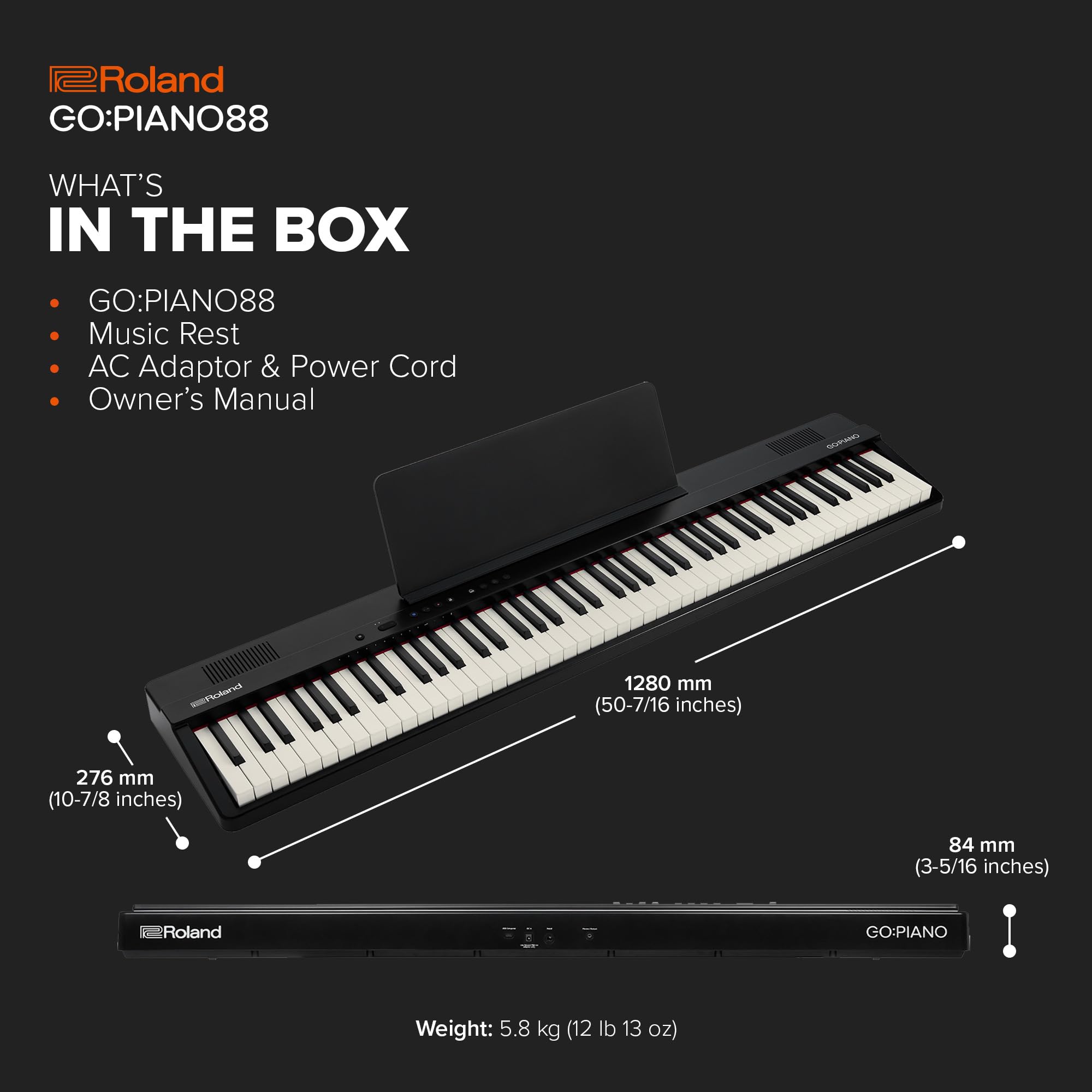 Roland GO:PIANO88PX 88-Note Digital Piano | Lightweight, Battery-Powered, Bluetooth Connectivity | Compact, Black