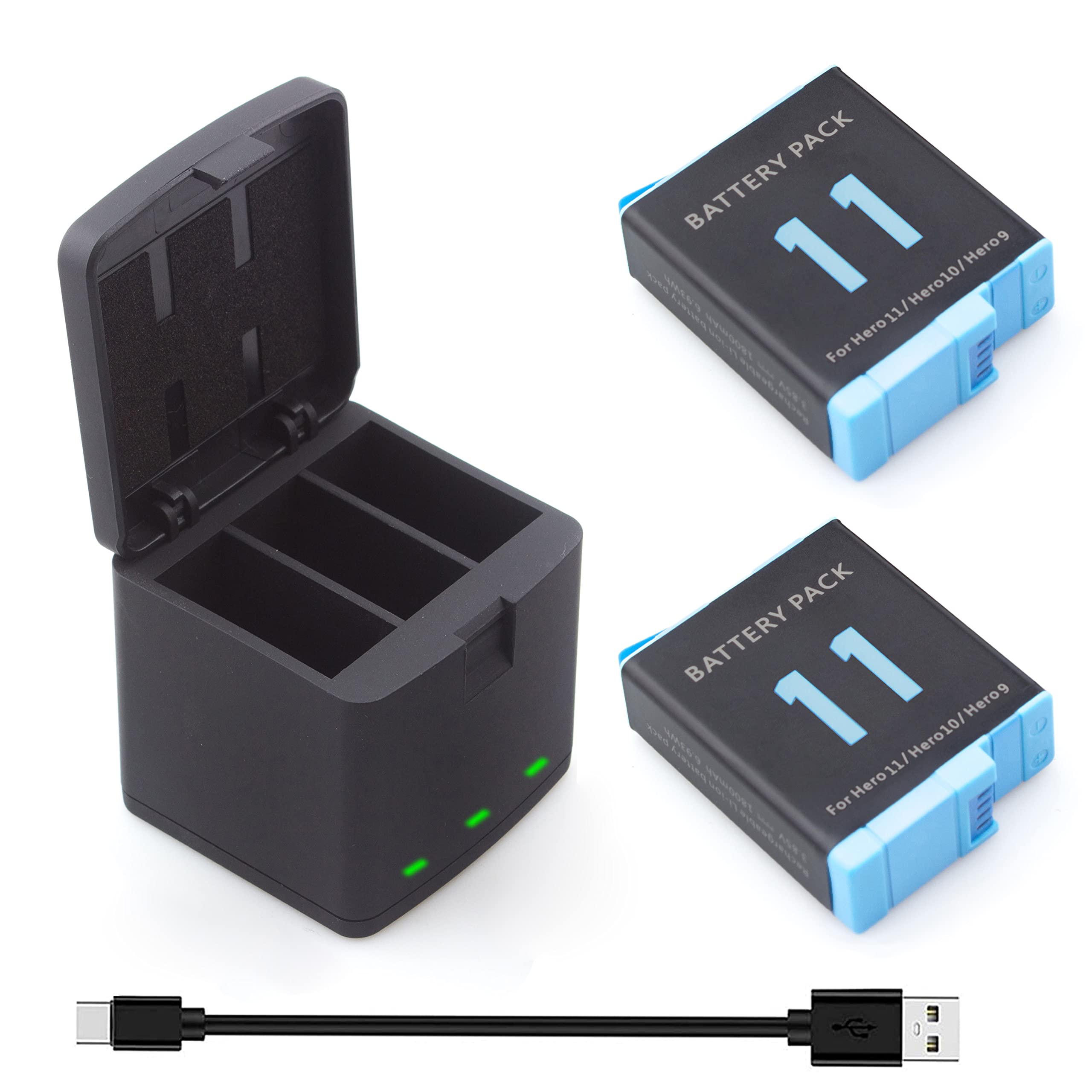 2 Pack Batteries Fit For Goprohero 11 Black, Goprohero 10, Goprohero 9 Black, 3 Channel Battery Charger Station For Hero 11/ Her