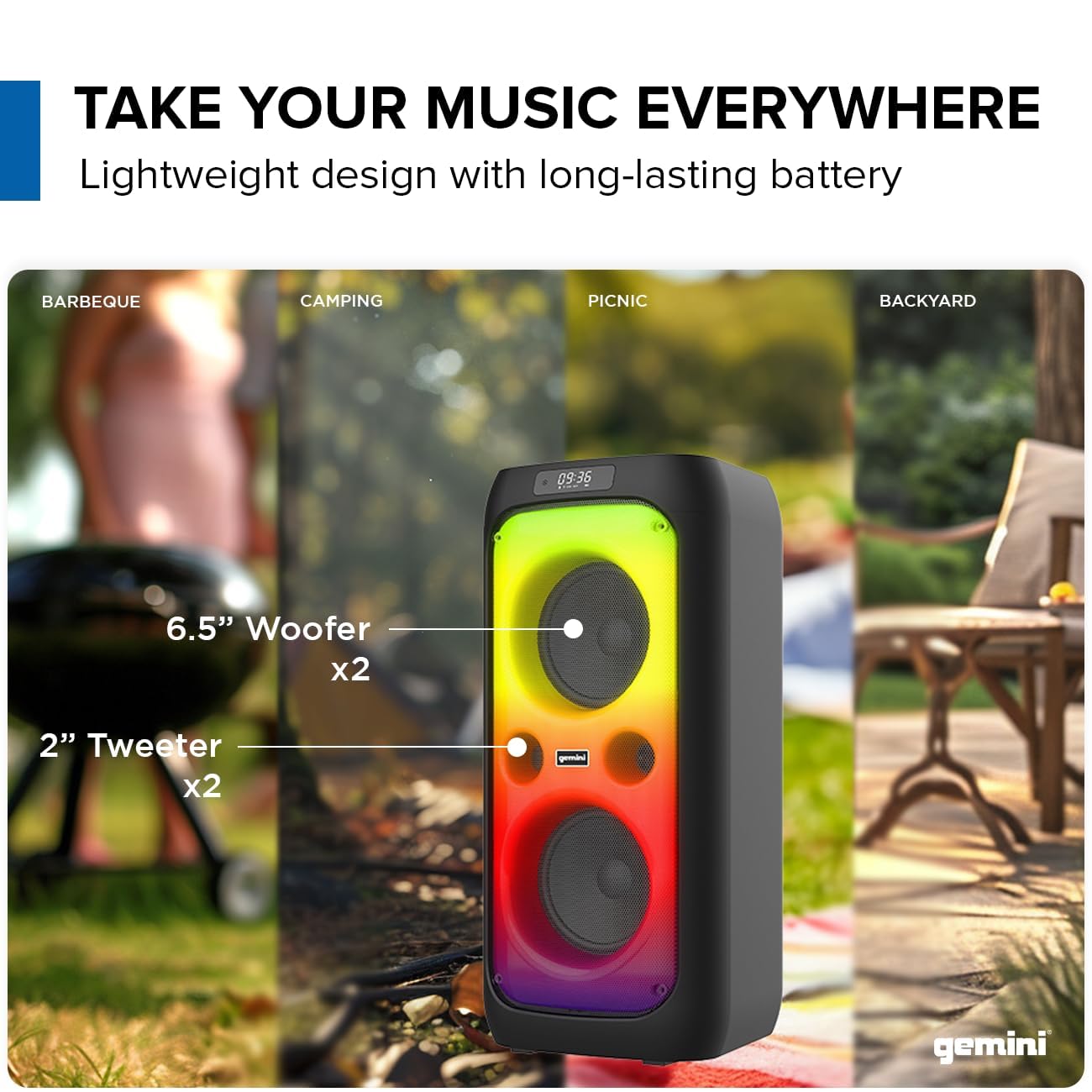 Gemini Sound Ggo 2650L Portable Bluetooth Boombox   200W Dual 6.5' Woofers, Led Party Lighting, Tws Pairing, Wireless Mic, Usb, Aux, Rechargeable Battery, 9Hr Play Time