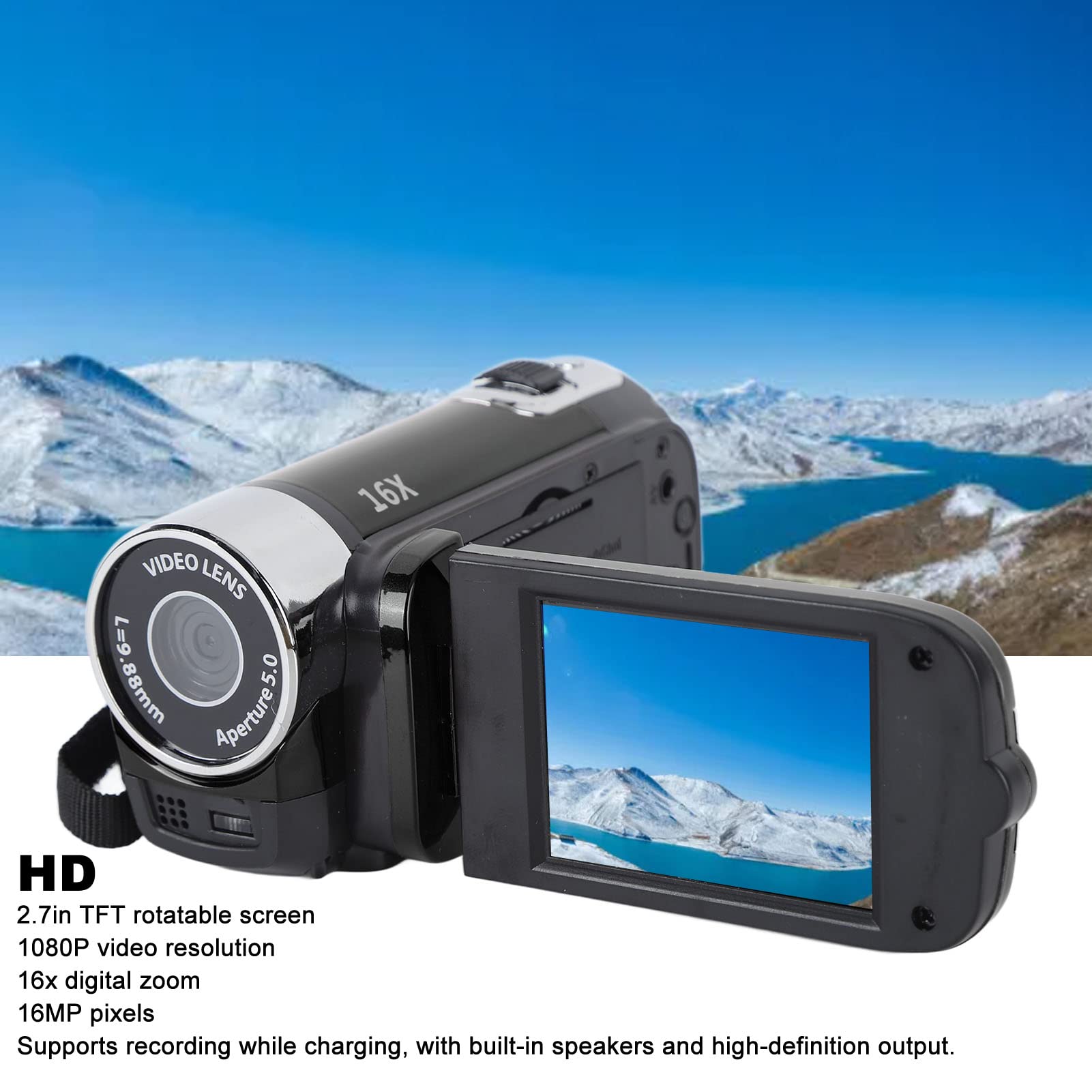 Handheld Video Camcorder, 1080P 16Mp Camera 16X Digital Zoom Video Camera With 2.7In Tft Rotatable Screen And Usb Cable (Black)