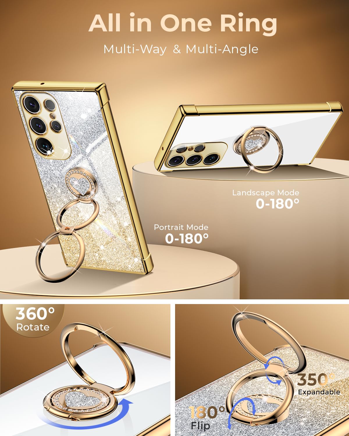 Xyz For Samsung Galaxy S23 Ultra Case With Stand, Galaxy S23 Ultra Case With Double Ring, Women Girls Bling Luxury Glitter Clear