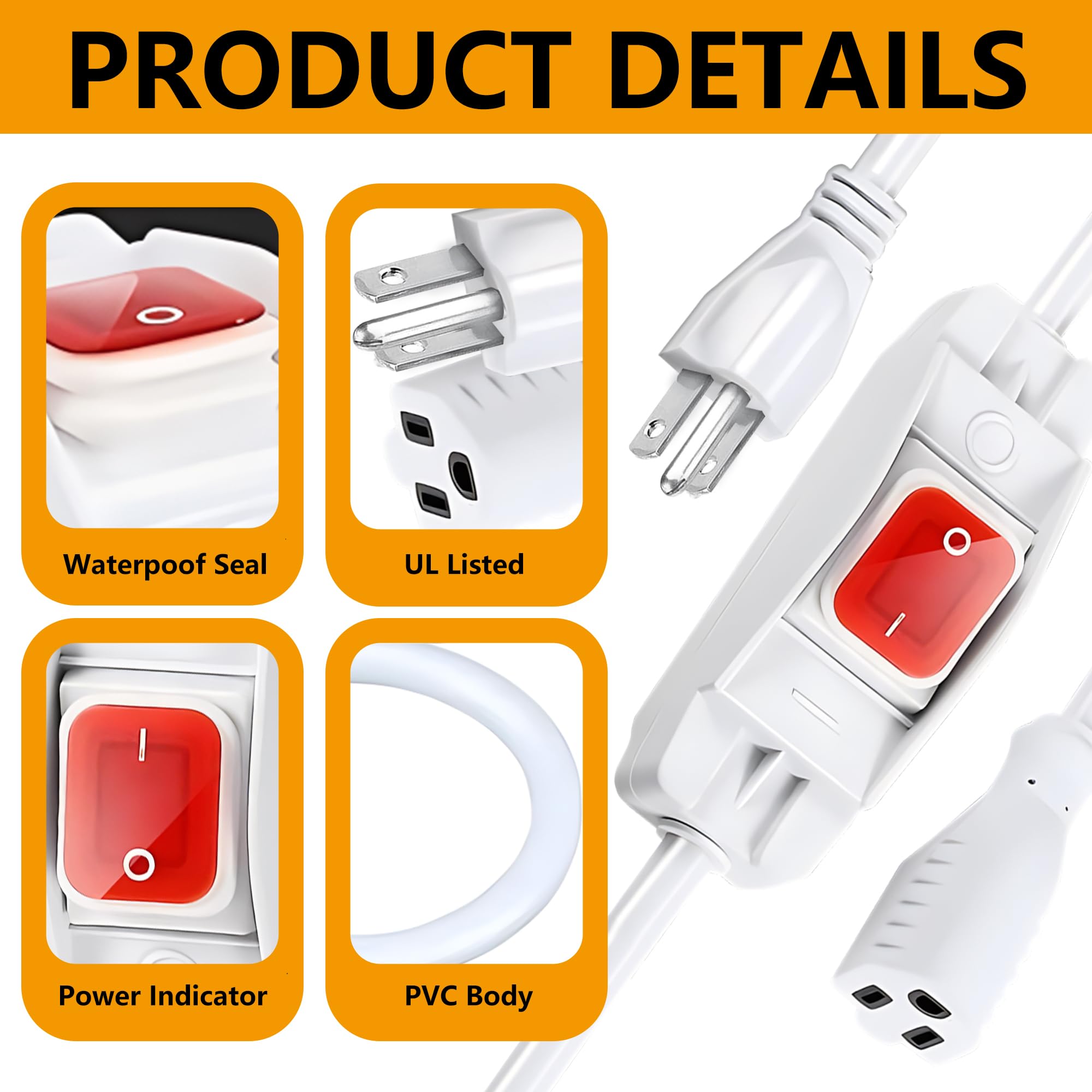 Extension Cord Waterproof, Fiabtool 16.4 Ft Extension Cord With Led Switch, 1875W/15A Heavy Duty 3 Prong Plugs, 18/3 Sjt Extensi