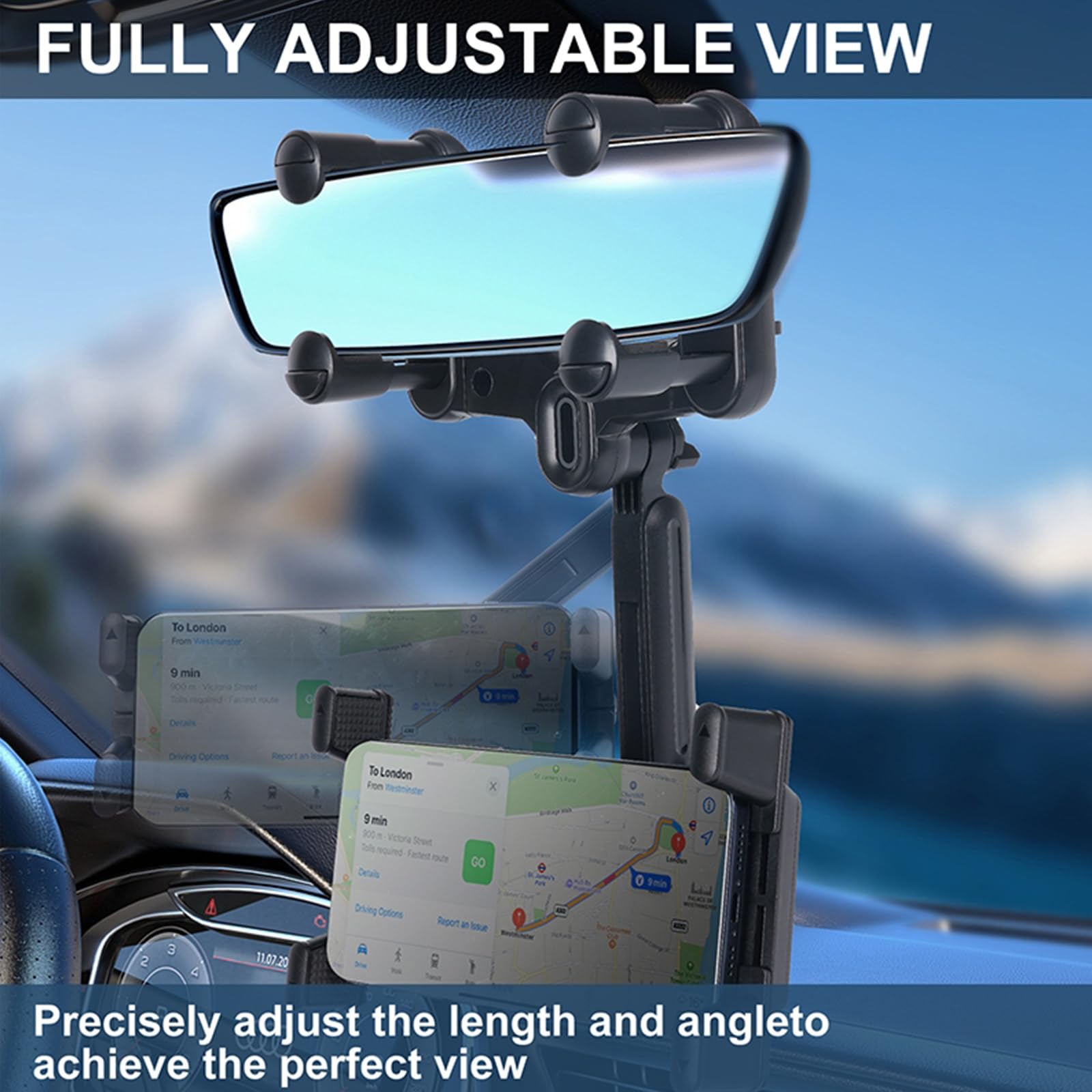 Kelofam Phone Mount For Car,Car Rear View Mirror Phone Holder, Multifunctional 360Rotatable And Retractable Tablet Holder For Ca