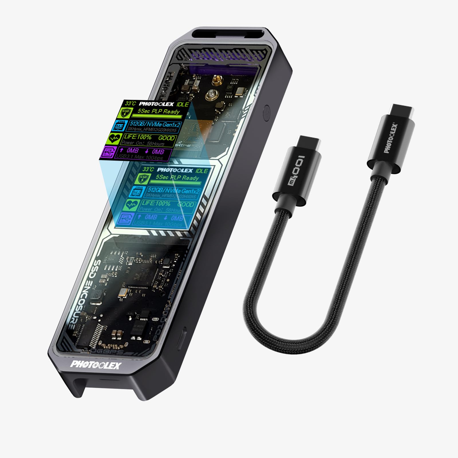 Photoolex M.2 Nvme Ssd Enclosure With Smart Screen,10S Plp Prevents Write Data Loss, Usb 3.2 Gen 2(10 Gbps), Nvme Pcie M Key/B&M