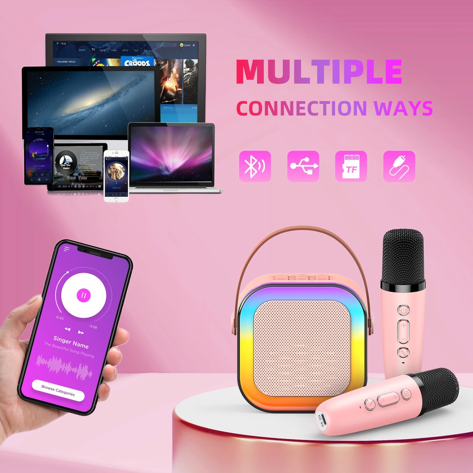 Eimterlan Karaoke Machine For Kids, Kids Karaoke Machine For Girls With 2 Wireless Microphones Mini Portable Bluetooth Speaker K