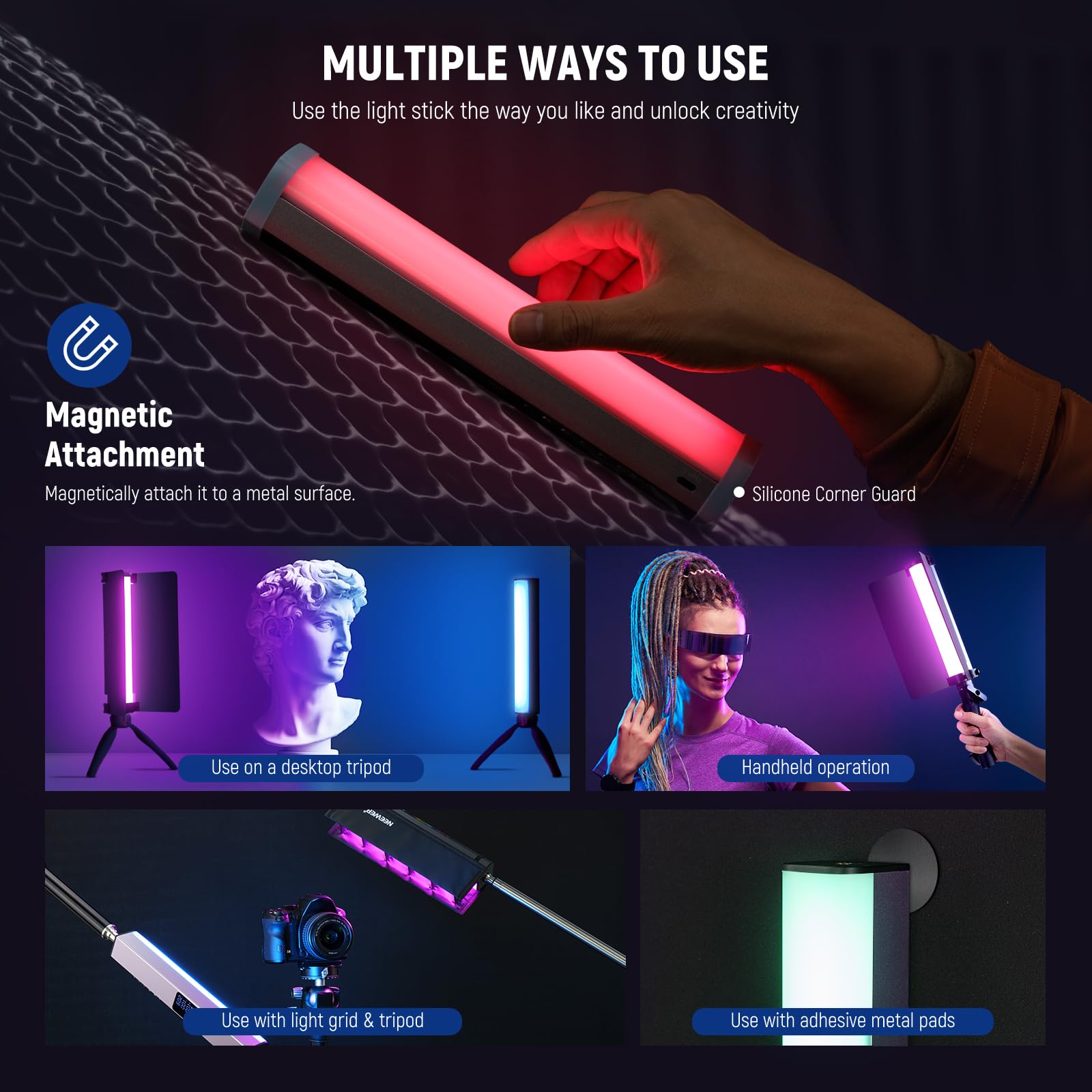 Neewer Rgb1 Led Tube Light Stick With Metal Barndoor, Handle, Touch Bar/App Control, Magnetic Handheld Rgb Video Light, 3200K 56