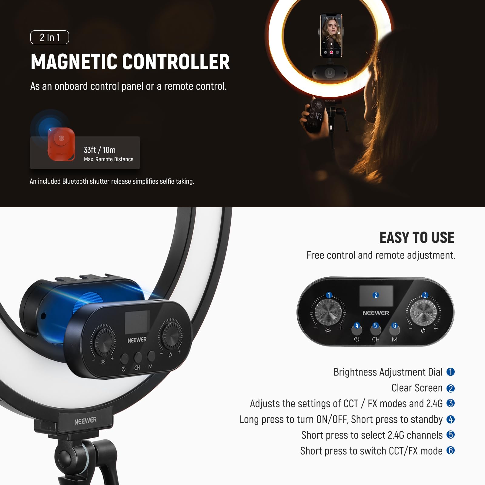 Neewer 18 Inch Edge Lit Ring Light Kit 45W 3300Lux 2900K 7000K 12 Scenes With App 2.4G Pc Mac Control Magnetic Detachable Remote