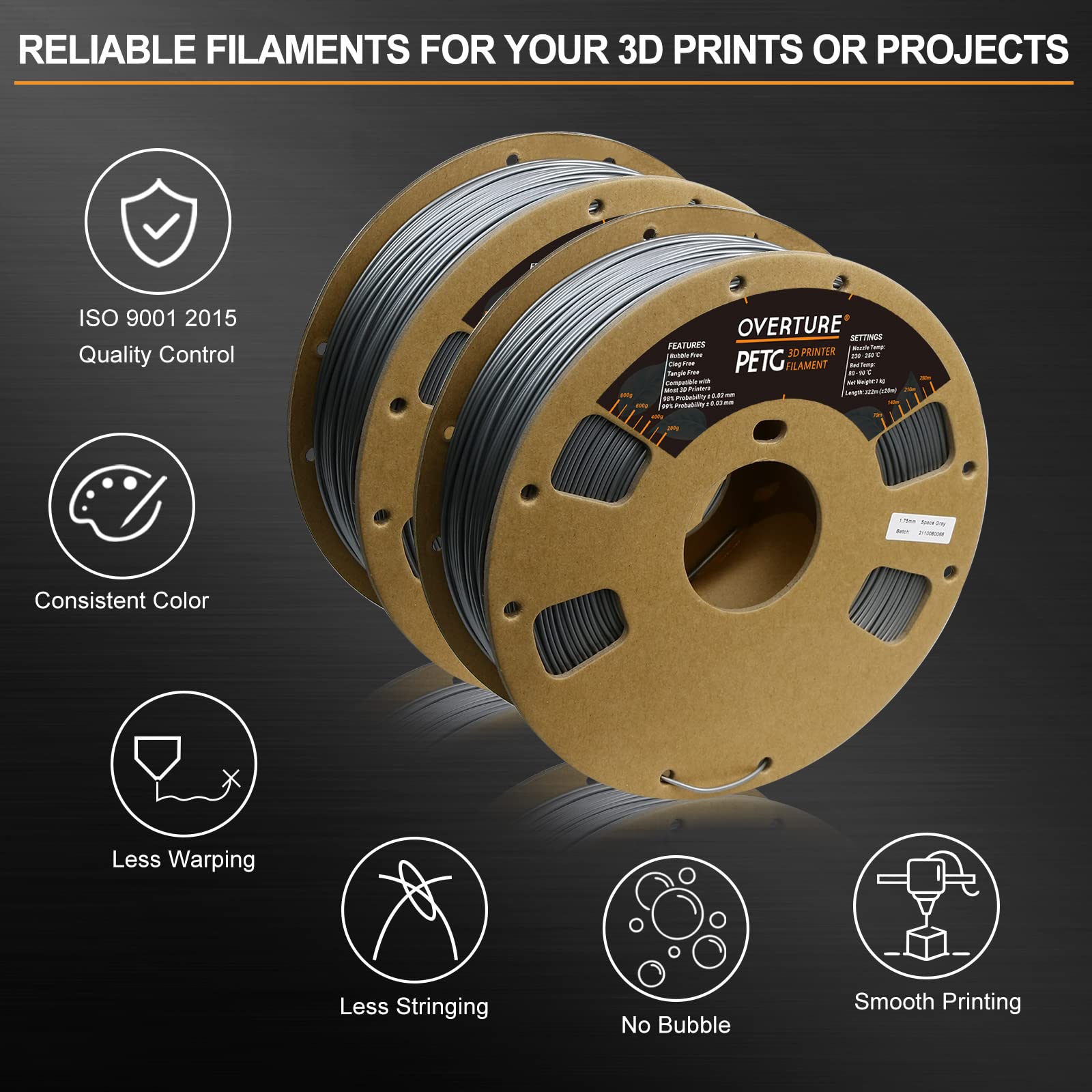 Overture Petg Filament 1.75Mm, 3D Printer Consumables, 2Kg Filament (4.4Lbs), Dimensional Accuracy 99% Probability +/  0.03 Mm,
