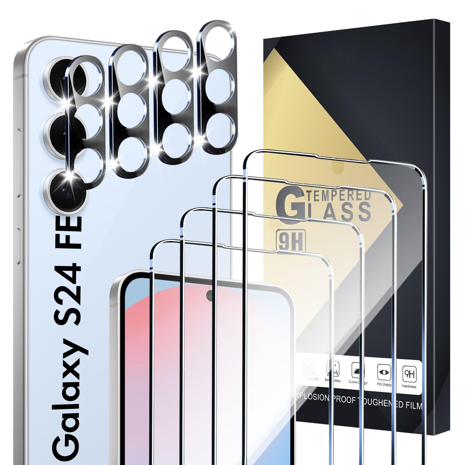 Xiezezei Galaxy S24 Fe Screen Protector [4+4 Pack] Camera Lens Protector, Fingerprint Unlock Support, Hd Tempered Glass, Touch S