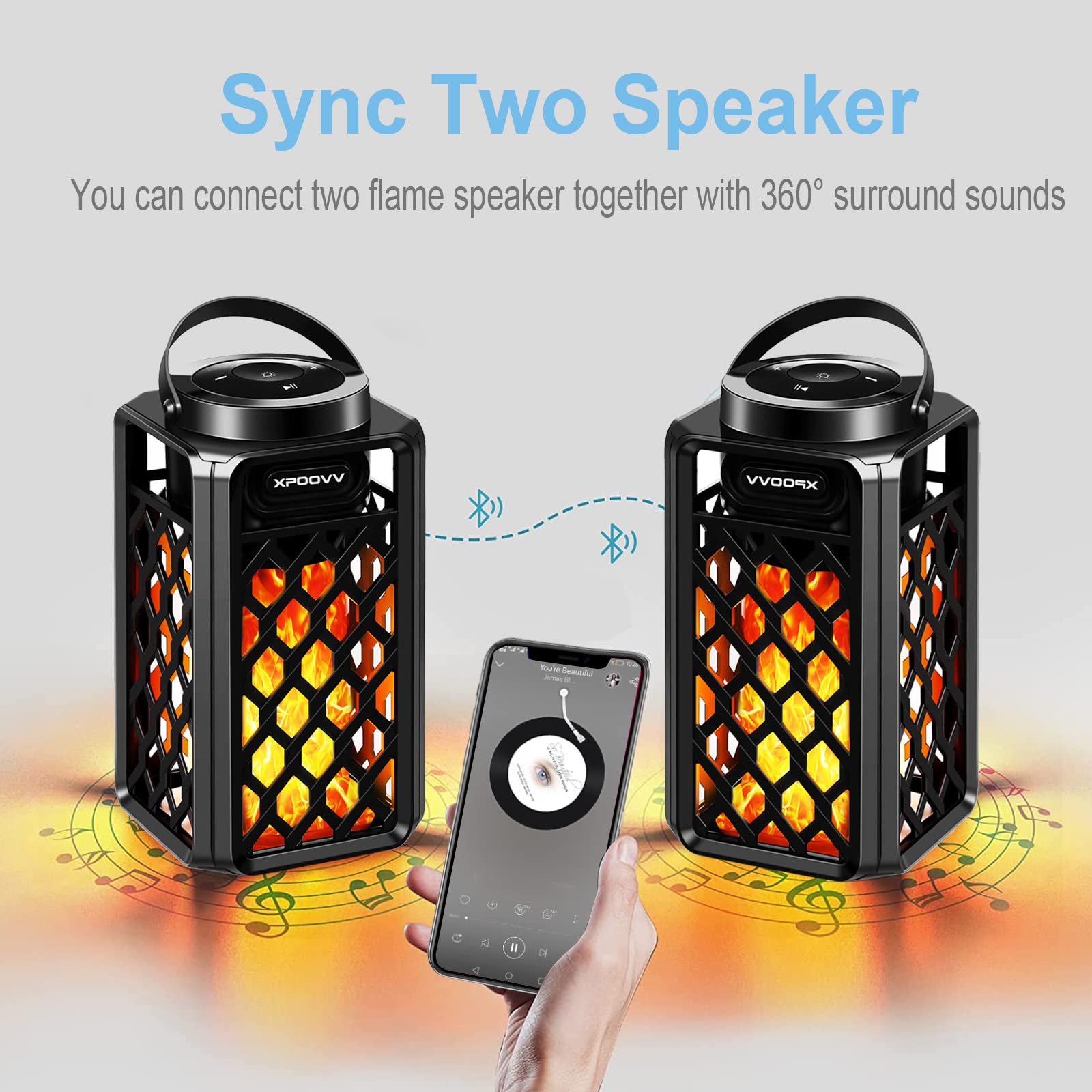 2 Pack Outdoor Bluetooth Speakers, Portable Led Flame Speaker Waterproof With Torch Atmosphere 10W Enhanced Bass For Patio Porch