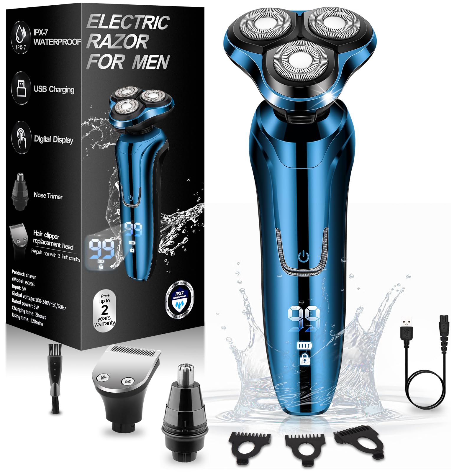 Electric Razor For Men, Shaver For Men Face,Waterproof Wet Dry Electric Shavers Led Display Cordless With Rechargeable Nose Hair