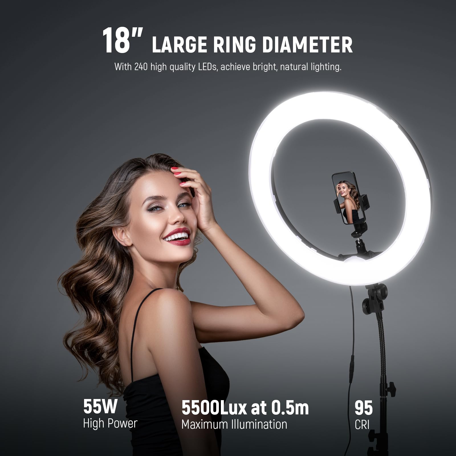 Neewer 18 Inch Ring Light With Tripod Stand, 55W Large Led Ringlight, Cold Shoe Phone Holder Compatible With Iphone Camera For V