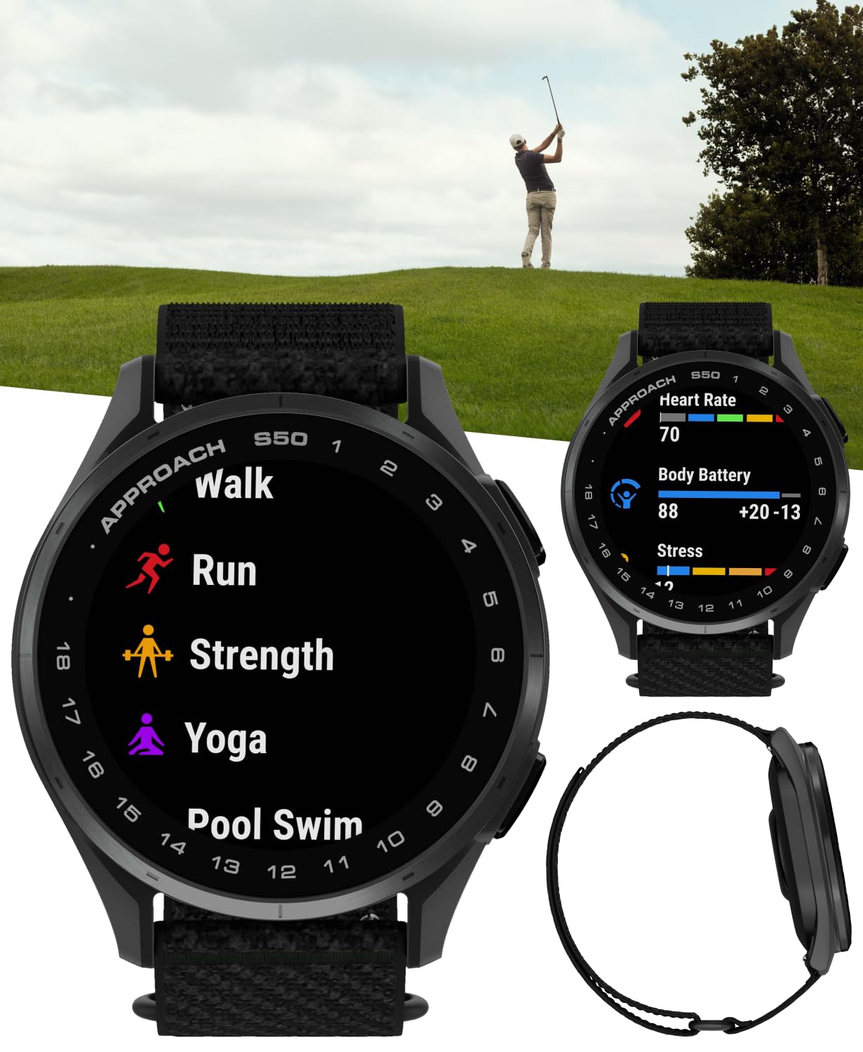 Garmin Approach S50 Golf Gps Smartwatch Slate Aluminum Bezel With Black Comfortfit Nylon Band With Wearable4U Power Bank Bundle